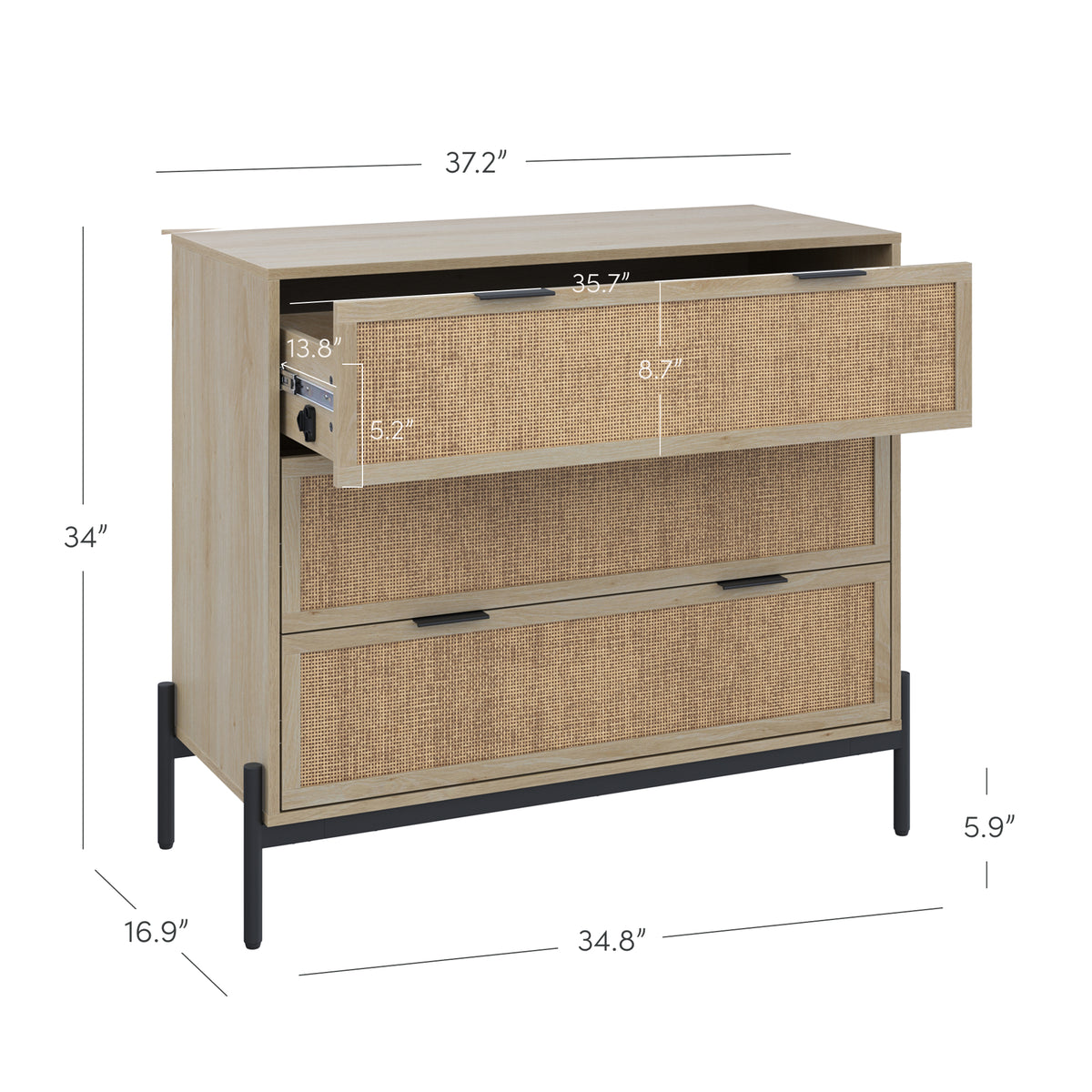 knee length dresses for ladies Nathan James Andrew Light Oak 3 Drawer 39 in. W Bohemian Dresser Storage Cabinet with Natural Rattan Accent and Black Metal Legs