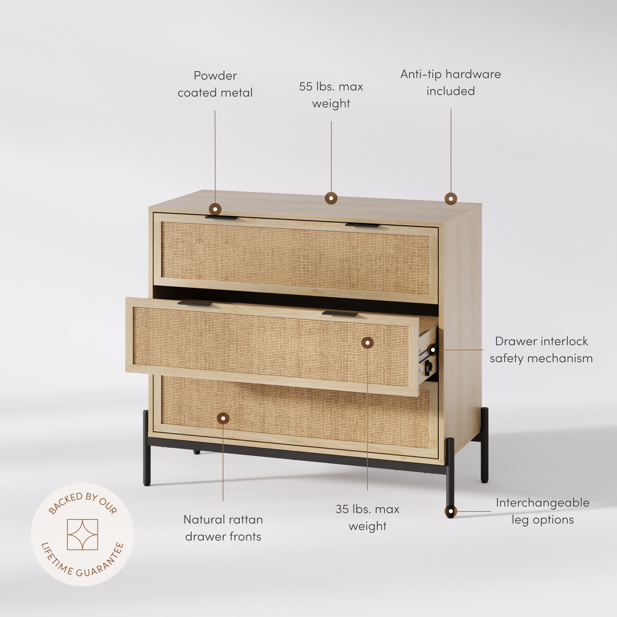 draw drawers バックオープンTシャツ ベージュ Andrew Dresser Rattan Wood Light Oak 3-Drawer | Nathan James