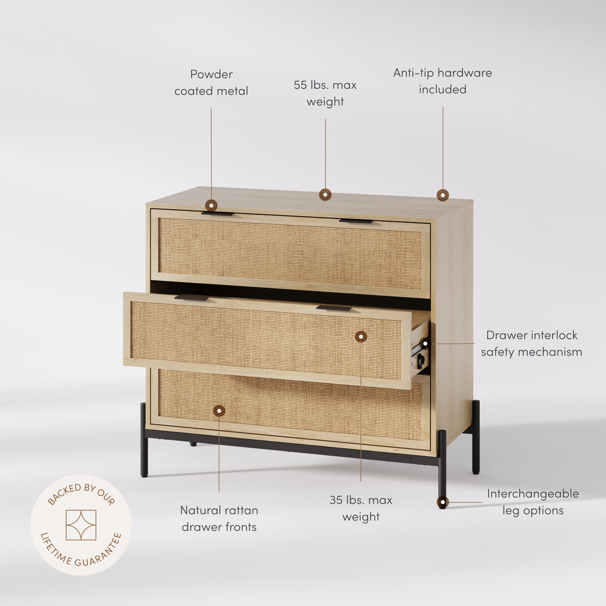 Andrew Dresser Rattan Wood Light Oak 3-Drawer | Nathan James Andrew Dresser Rattan Wood Light Oak 3-Drawer | Nathan James