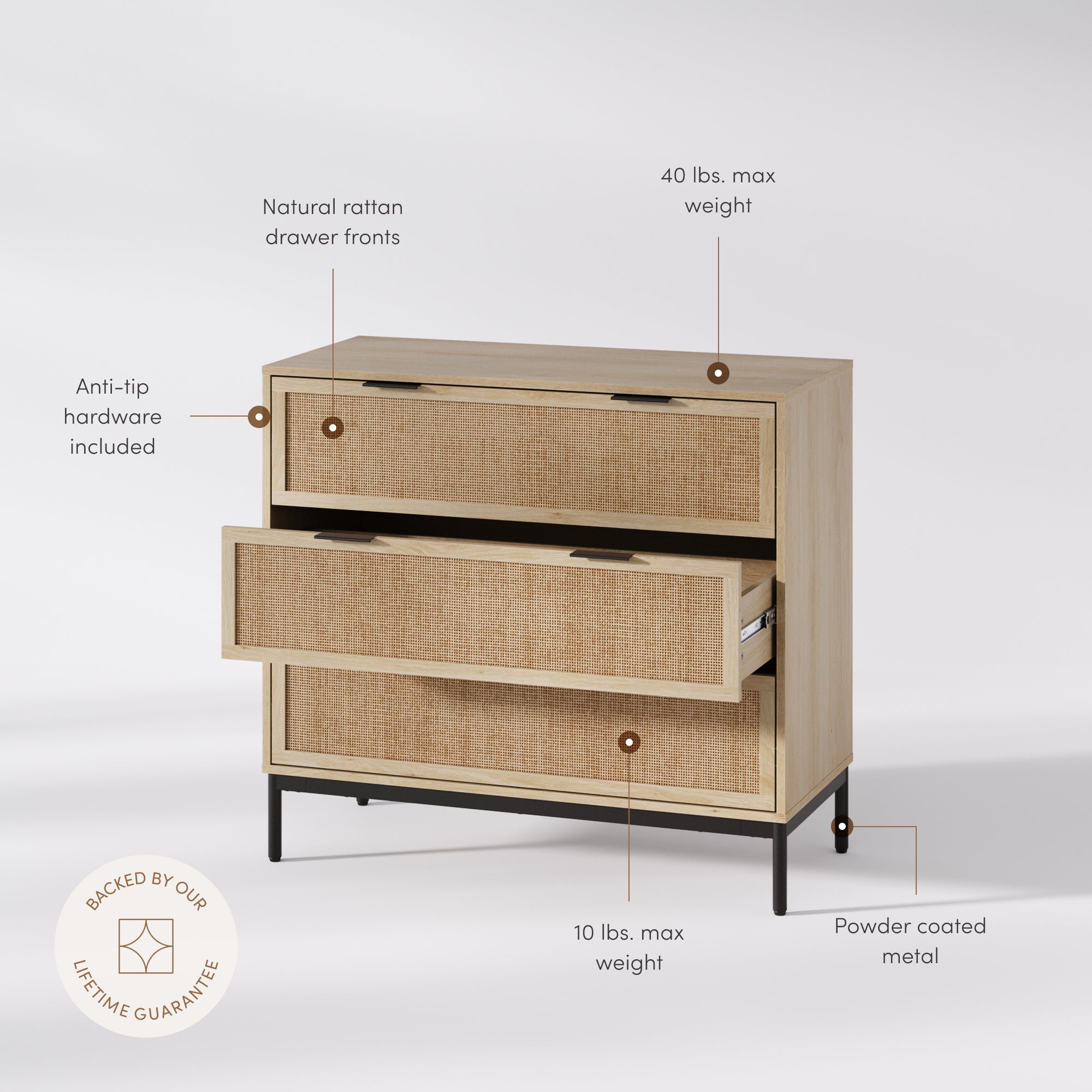 茶櫃 セット Andrew Dresser Rattan Wood Light Oak 3-Drawer | Nathan James