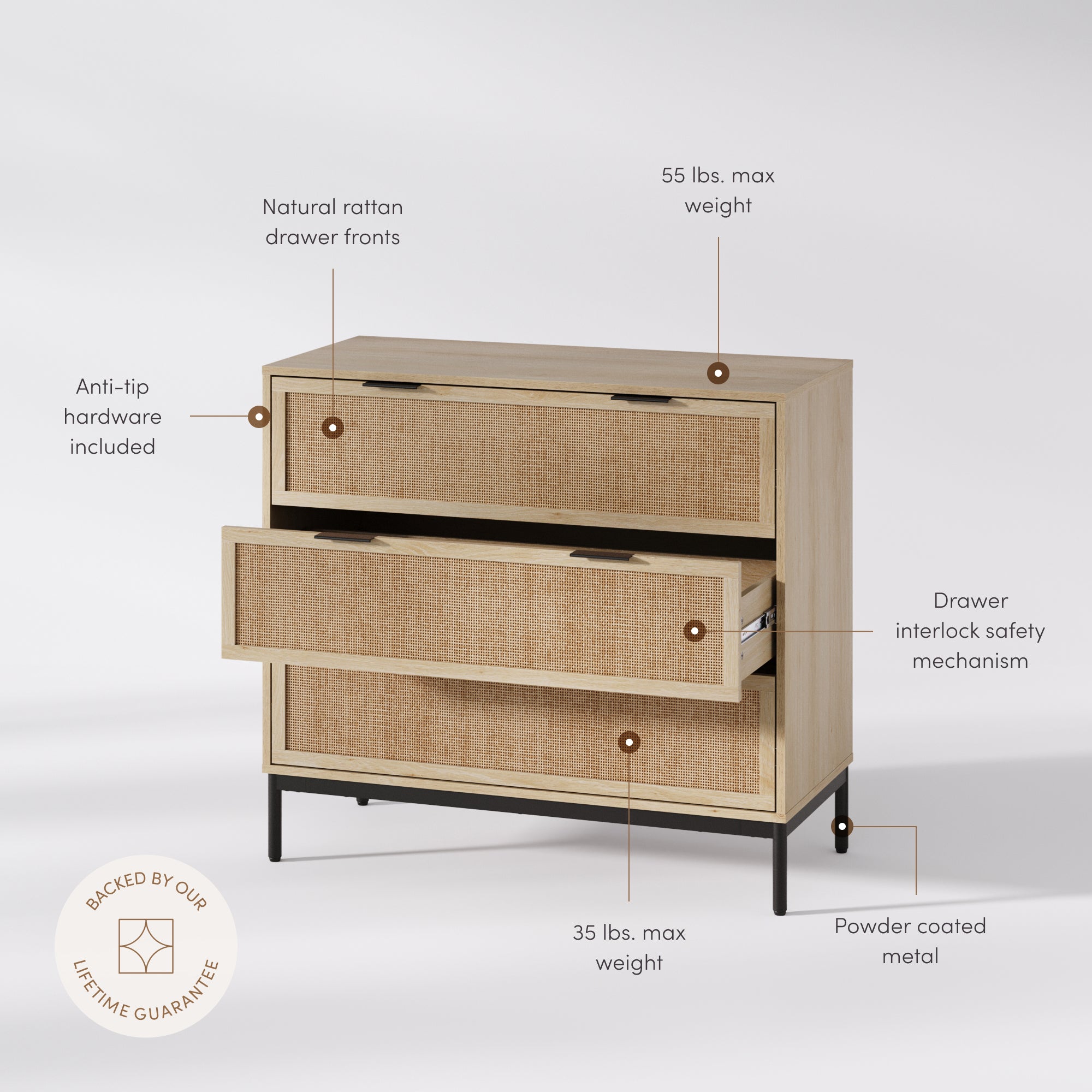 Andrew Dresser Rattan Wood Light Oak 3-Drawer | Nathan James