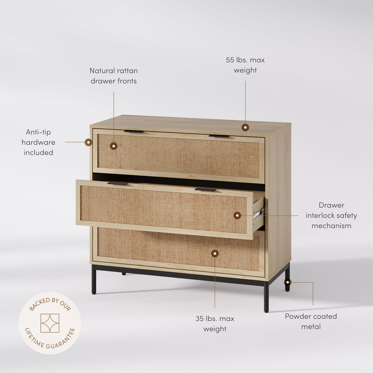 Nathan James Andrew Light Oak 3 Drawer 39 in. W Bohemian Dresser Storage Cabinet with Natural Rattan Accent and Black Metal Legs
