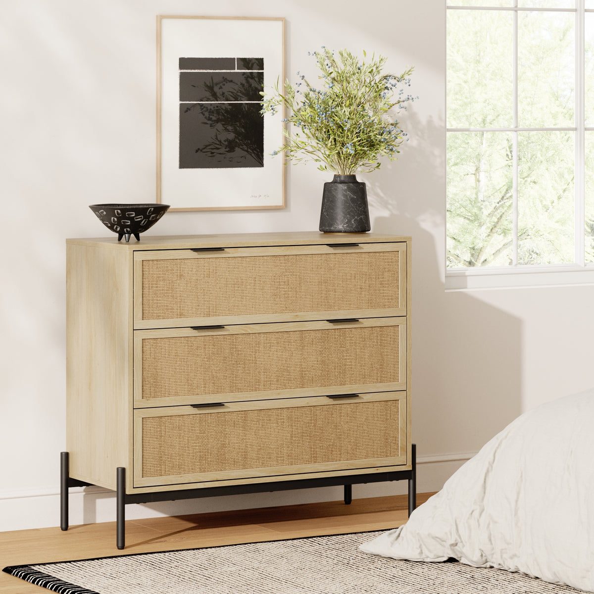 white christmas dresses Nathan James Andrew Light Oak 3 Drawer 39 in. W Bohemian Dresser Storage Cabinet with Natural Rattan Accent and Black Metal Legs