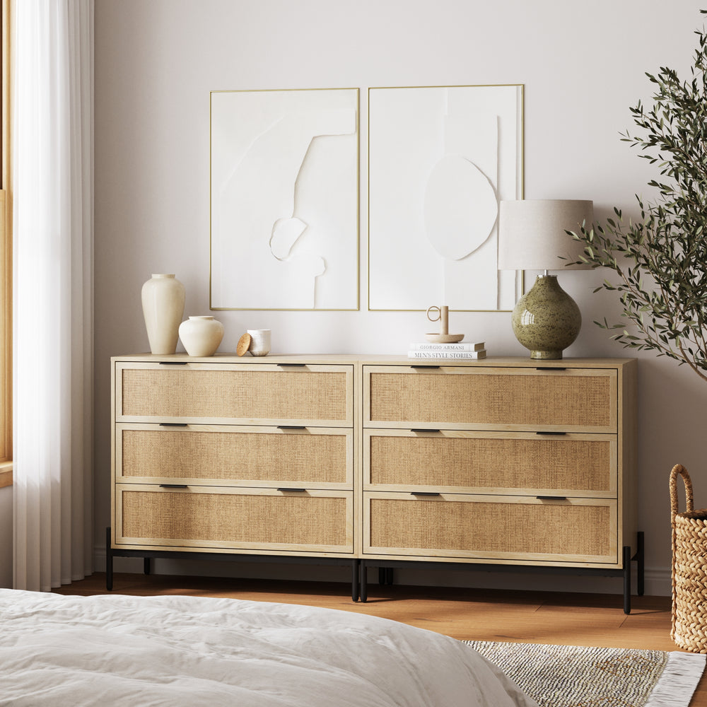 Andrew Dresser Rattan Wood Light Oak 3-Drawer