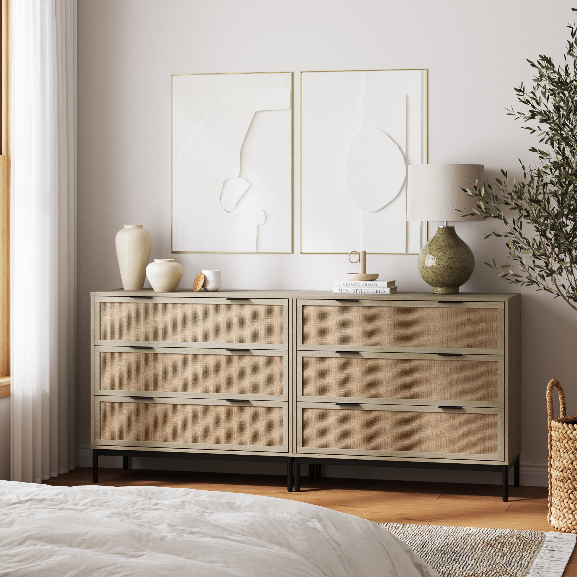 Rattan & Wood 3-Drawer Dresser Light Oak