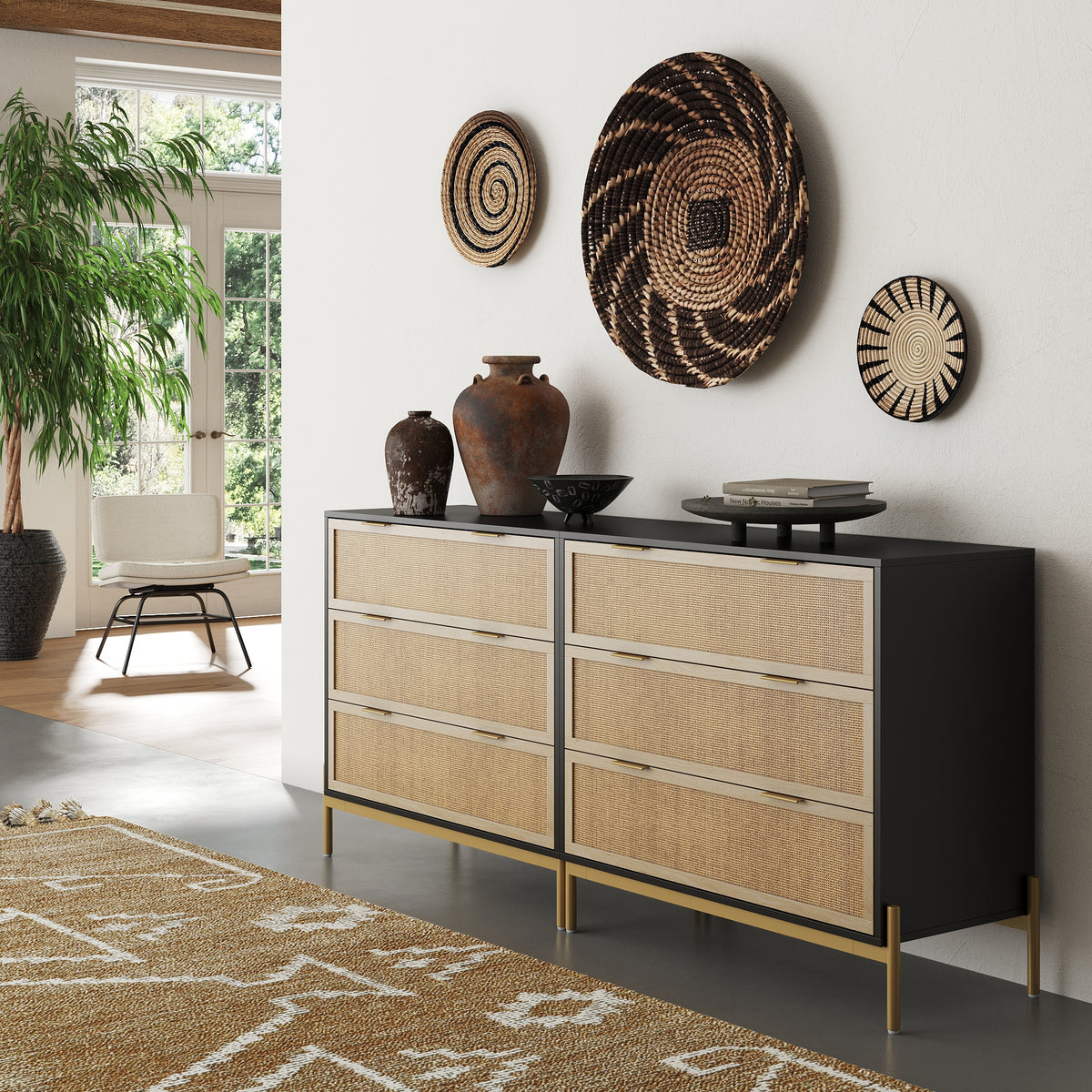 Nathan James Set of 2 Andrew 3 Drawer Rattan Dresser Black/Light Oak