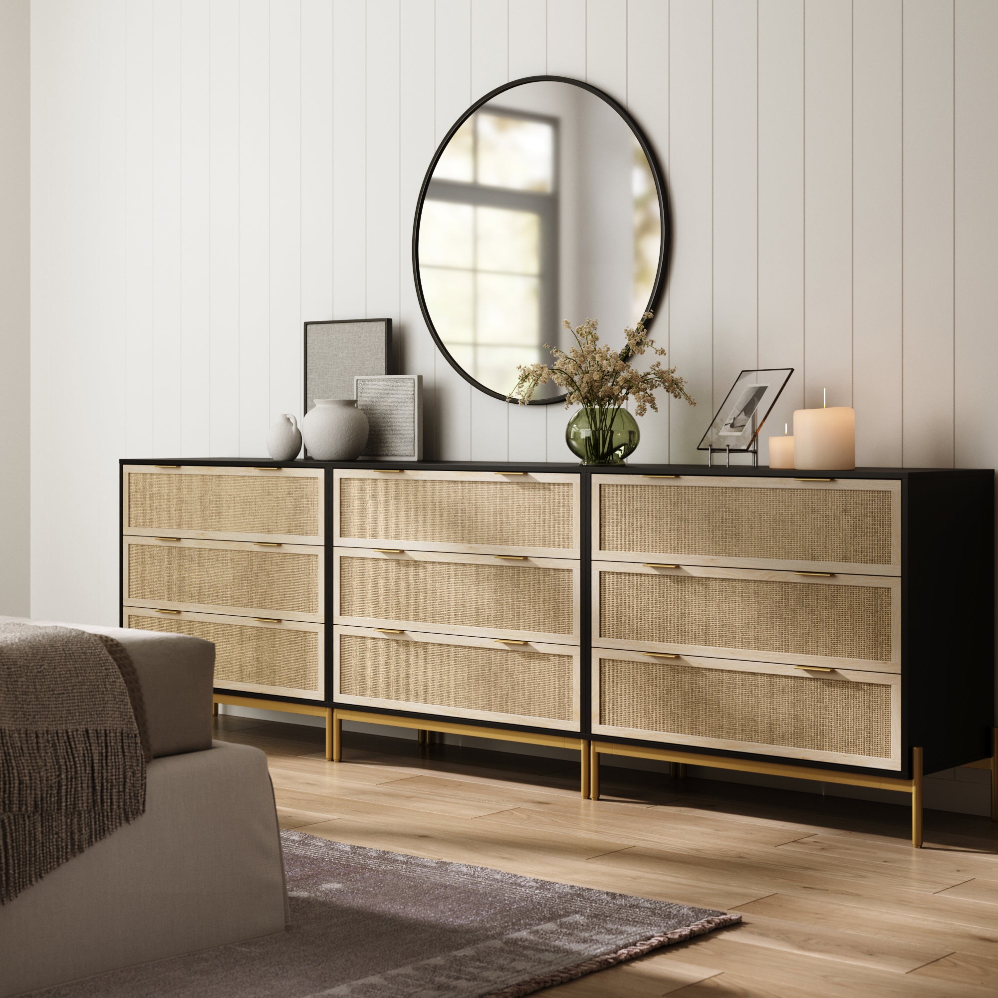 Rattan & Wood 3-Drawer Dressers Black (Set of 2) - Thumbnail 3