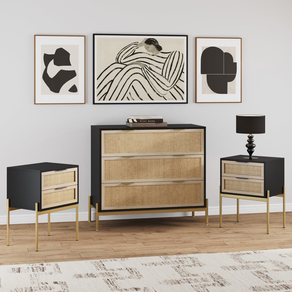 night stand and dresser set Black & Gold Rattan Nightstand and Dresser Set