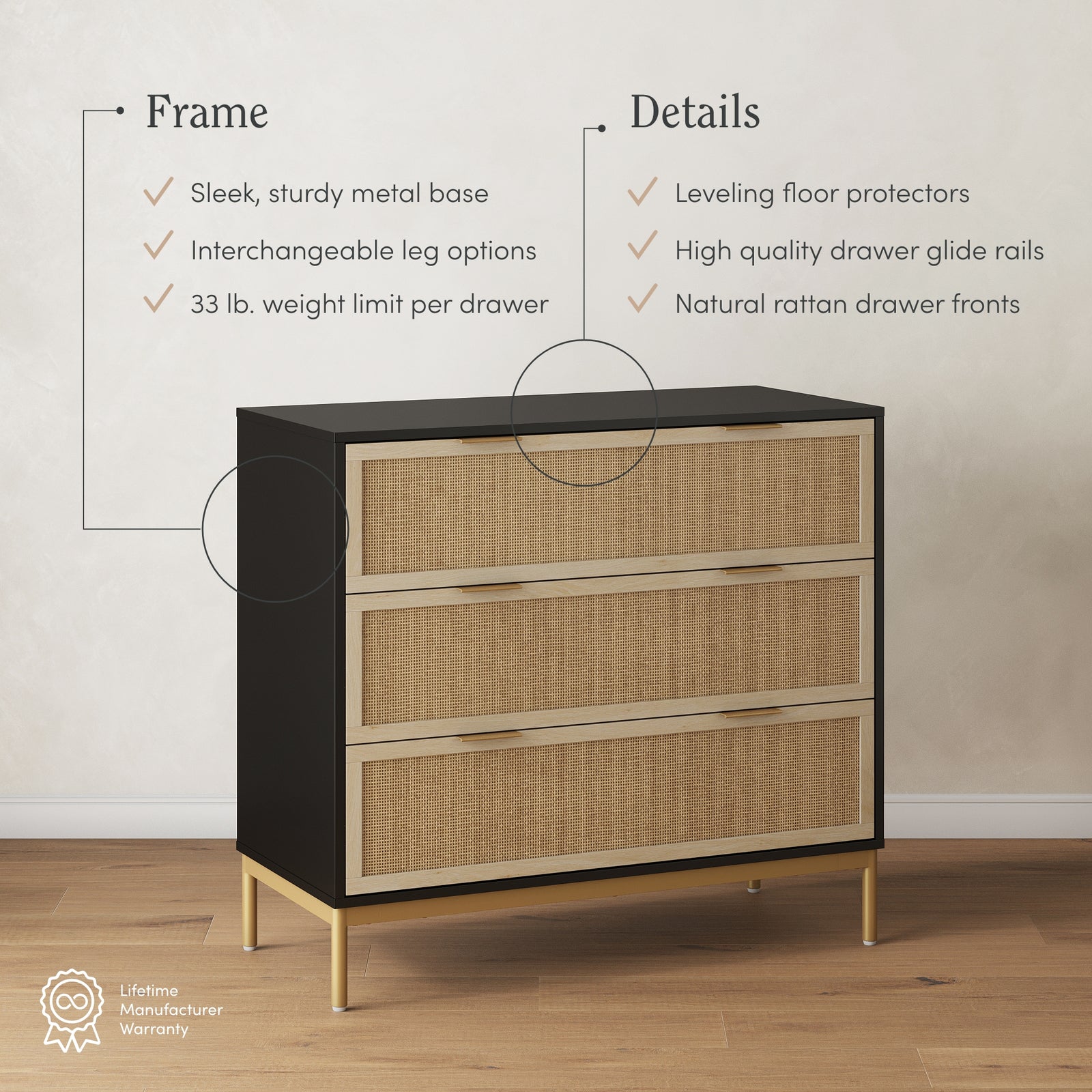 Andrew Boho Rattan & Wood 3-Drawer Dresser Black | Nathan James