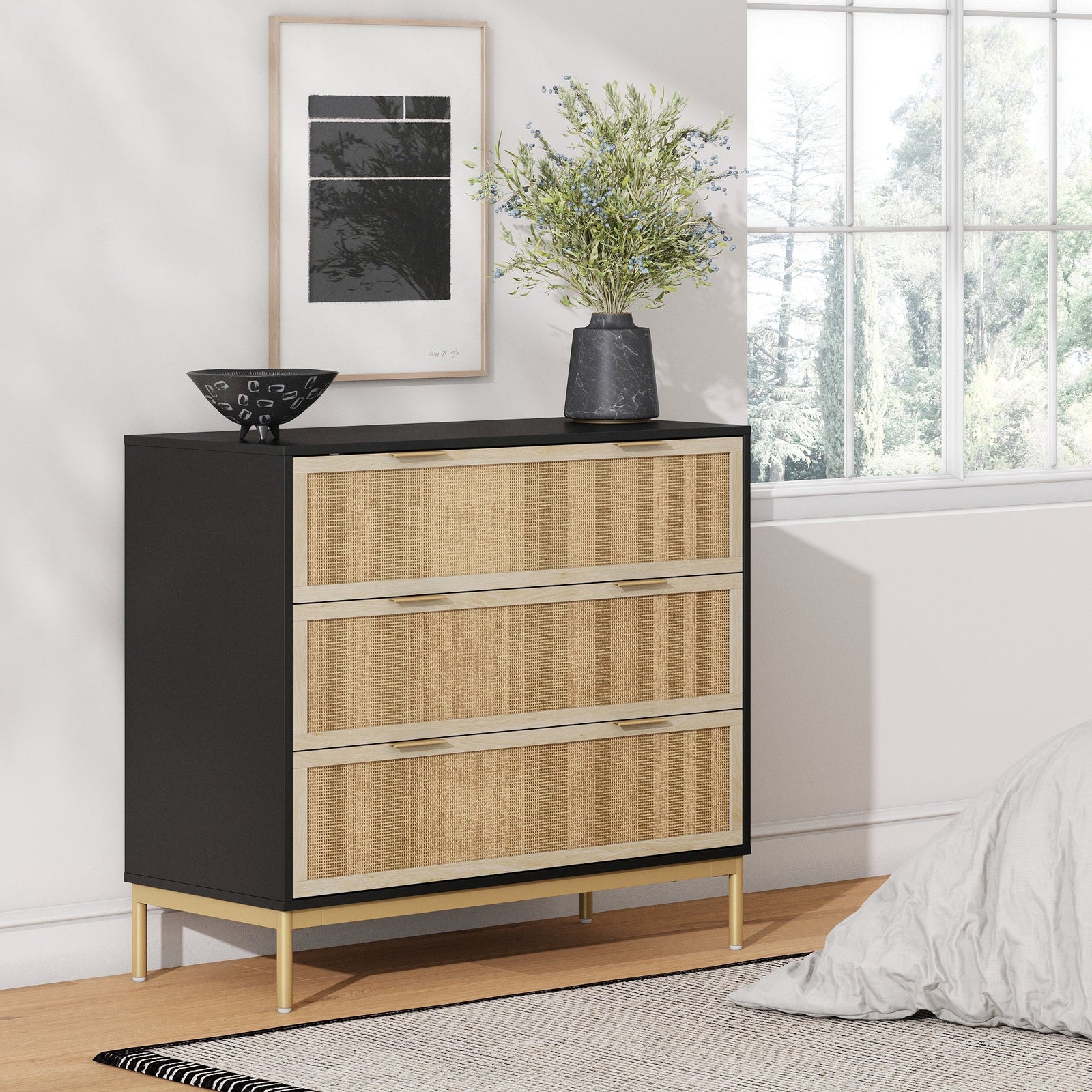 Andrew Boho Rattan & Wood 3-Drawer Dresser Black | Nathan James