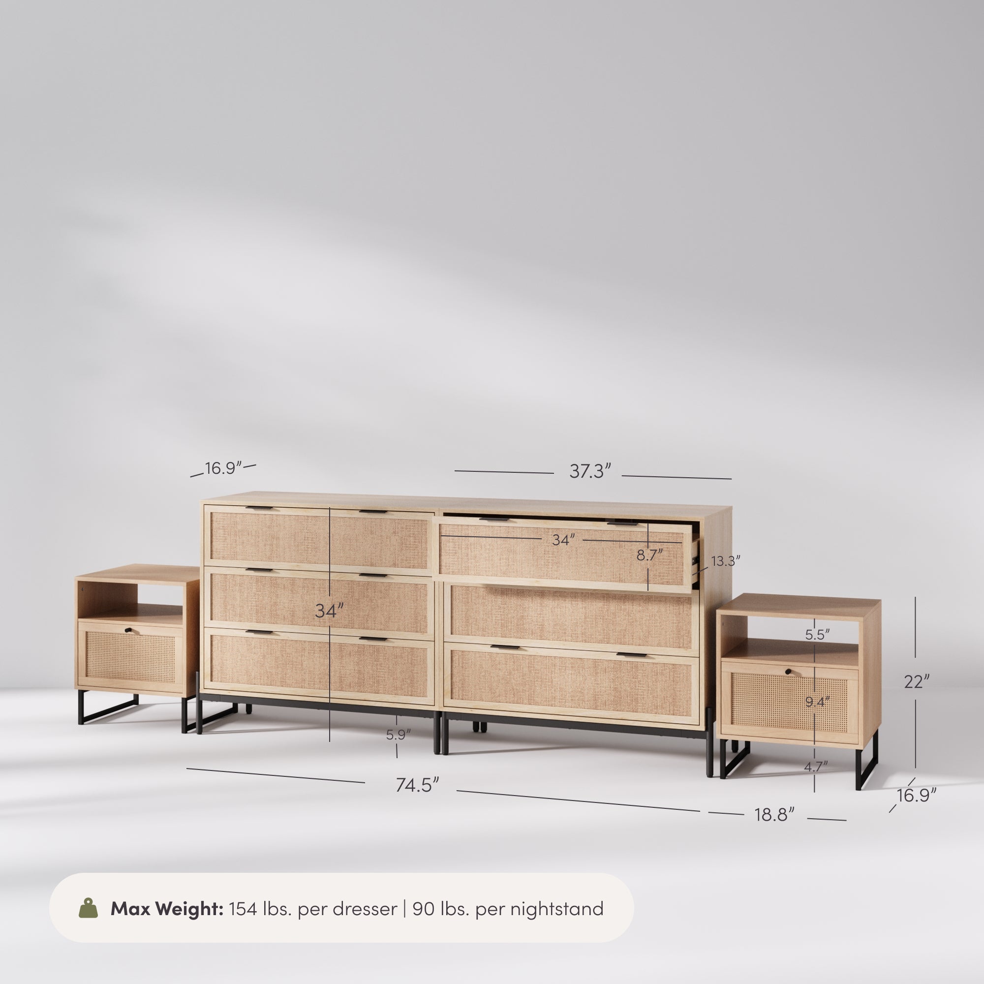 Andrew Mina Rattan Cane Dresser Nightstand Bedroom Set | Nathan James