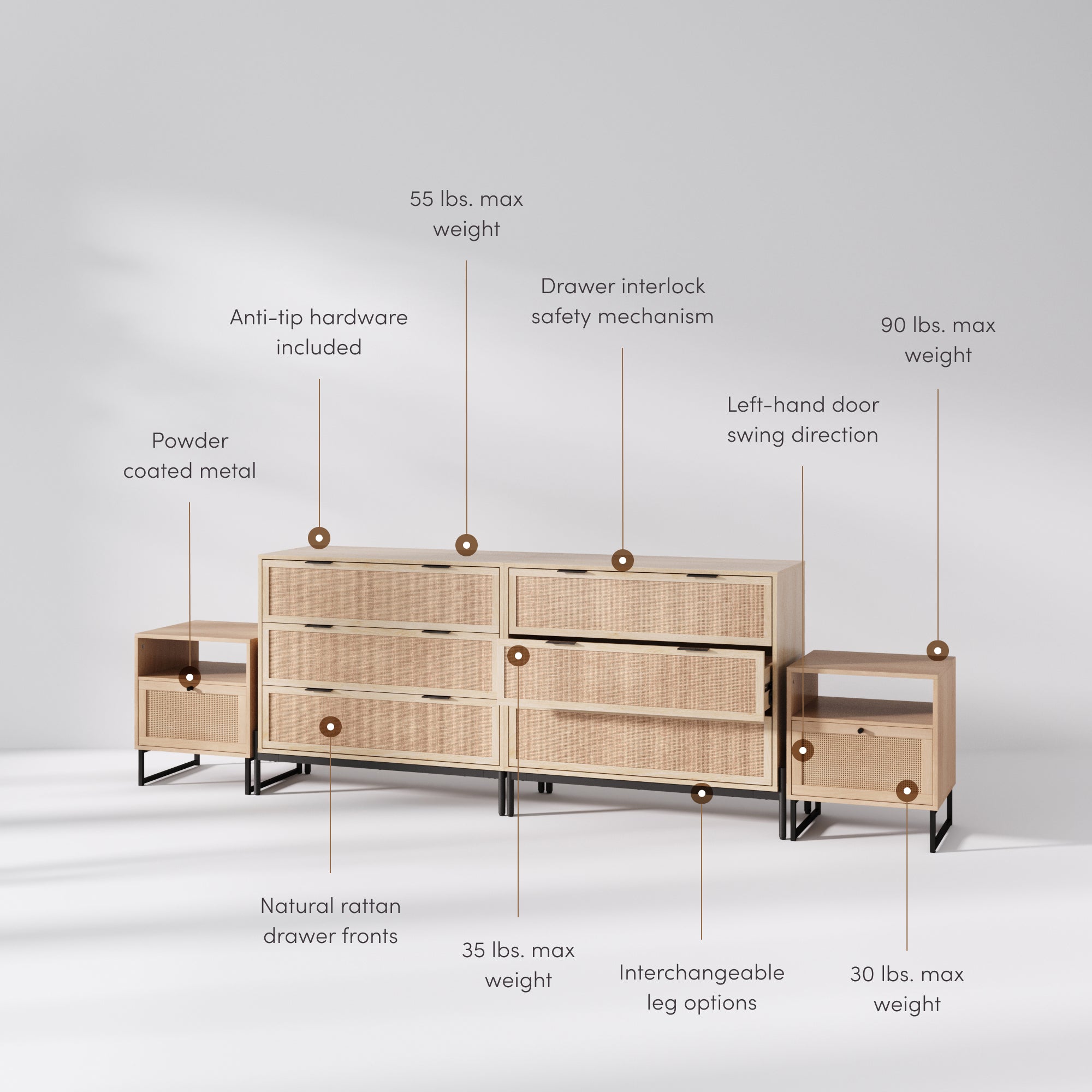 Andrew Mina Rattan Cane Dresser Nightstand Bedroom Set | Nathan James