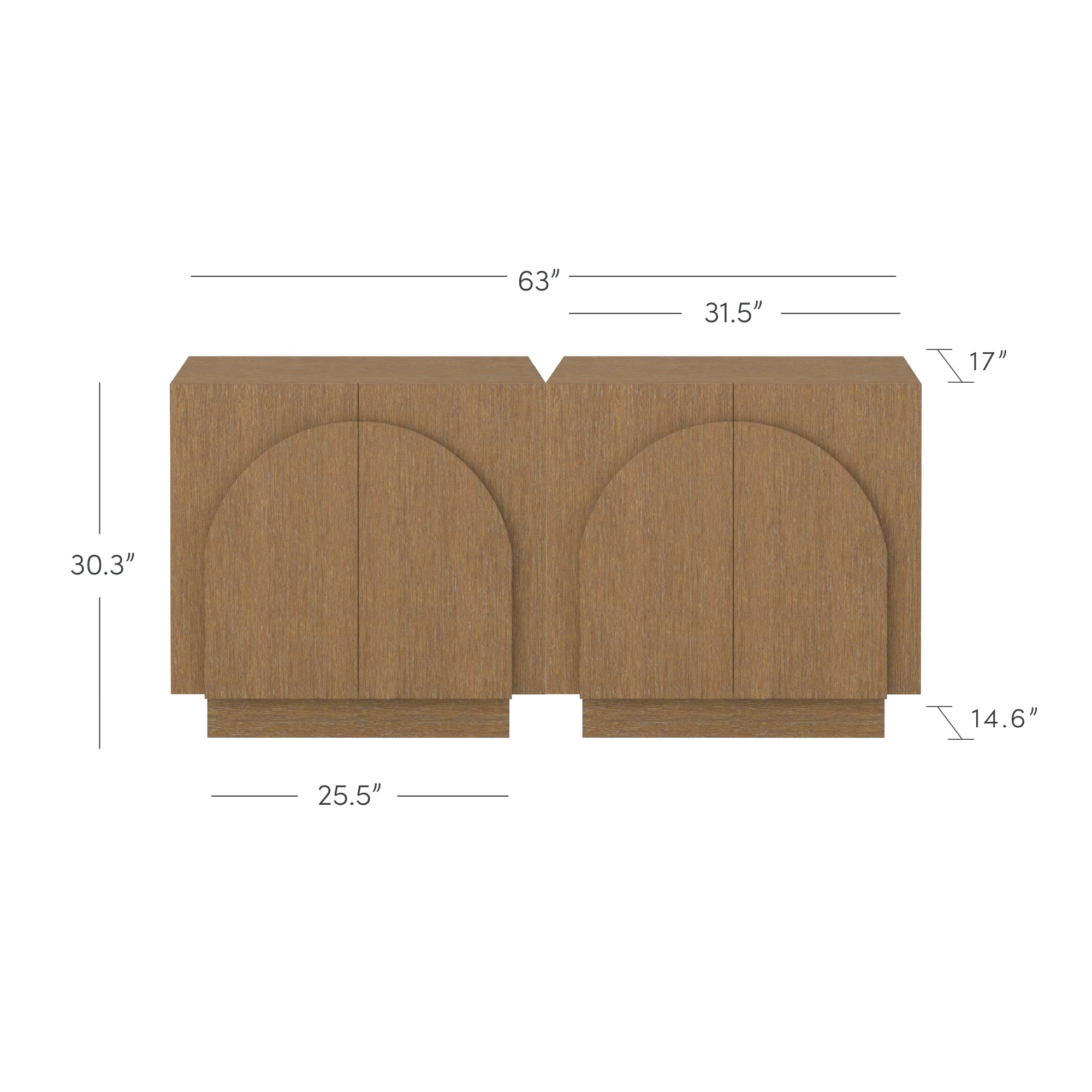 A wooden sideboard with two sections featuring arched designs on the doors. Dimensions are labeled: 63 wide, 30.3 tall, 17 deep, each section 31.5 wide, and the base is 14.6 high by 25.5 wide.