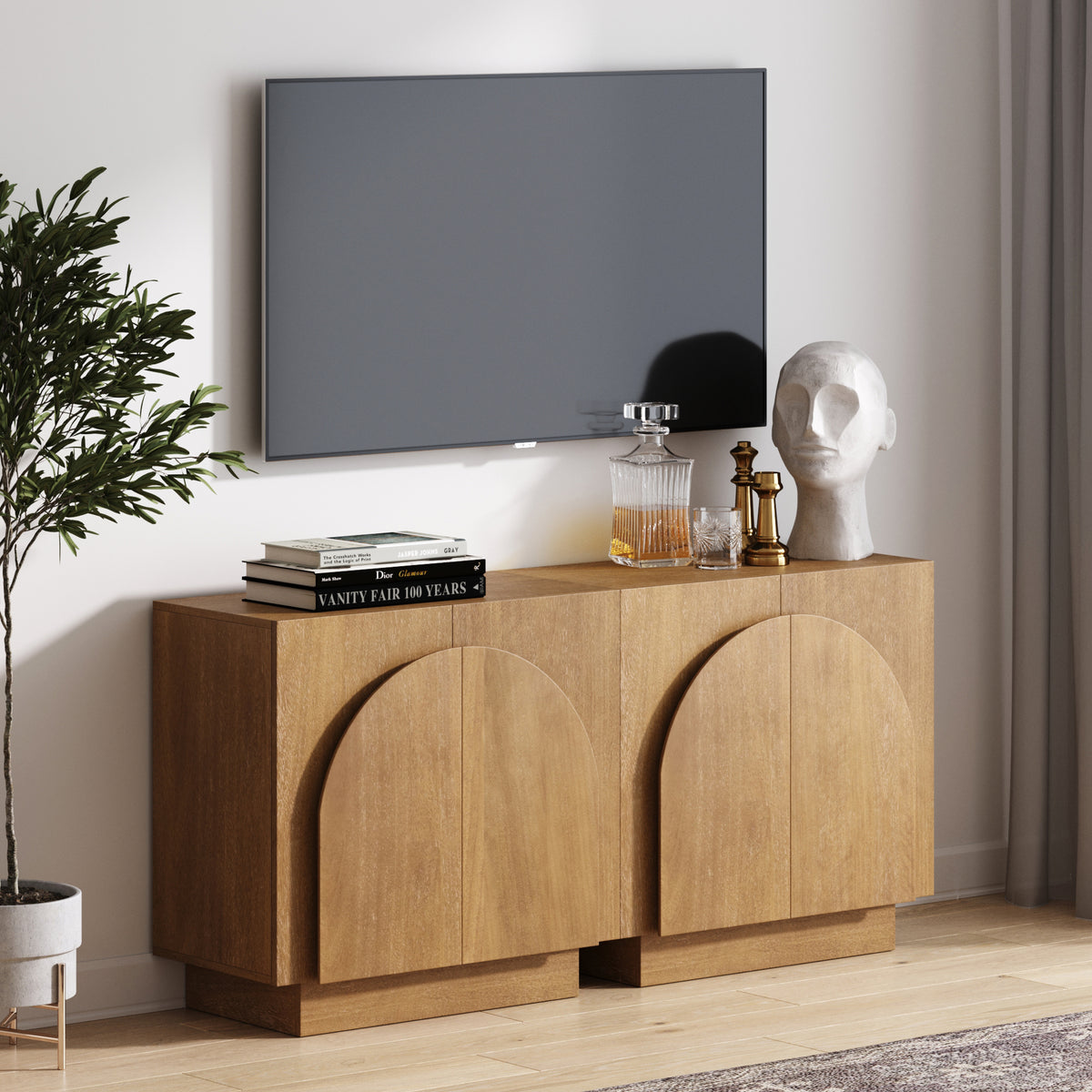 Wood Arched TV Console Credenza Brown (Set of 2)