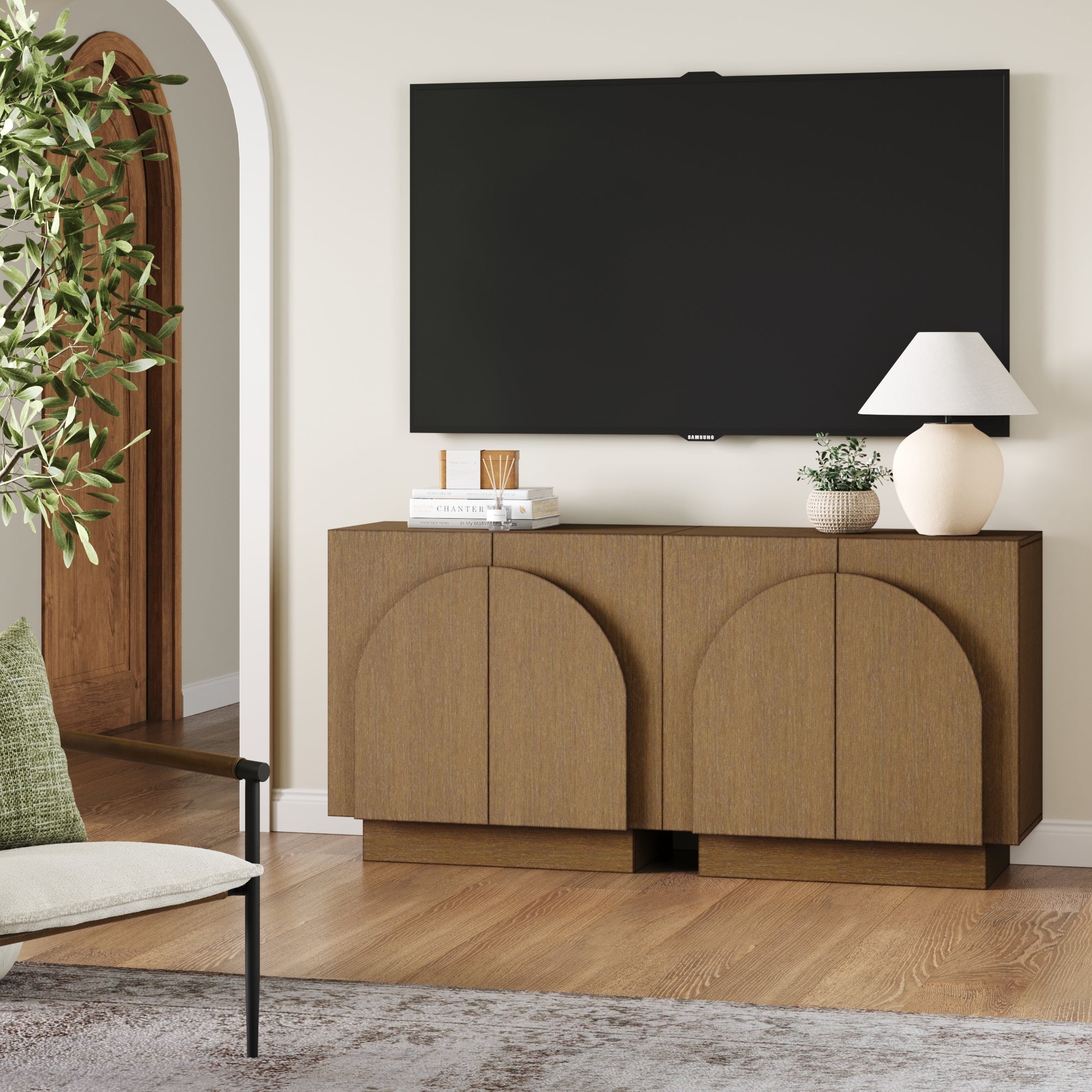 Wood Arched TV Console Credenza Brown (Set of 2)