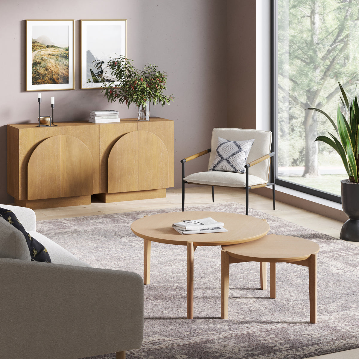 Wood Arched TV Console Credenza Brown (Set of 2)