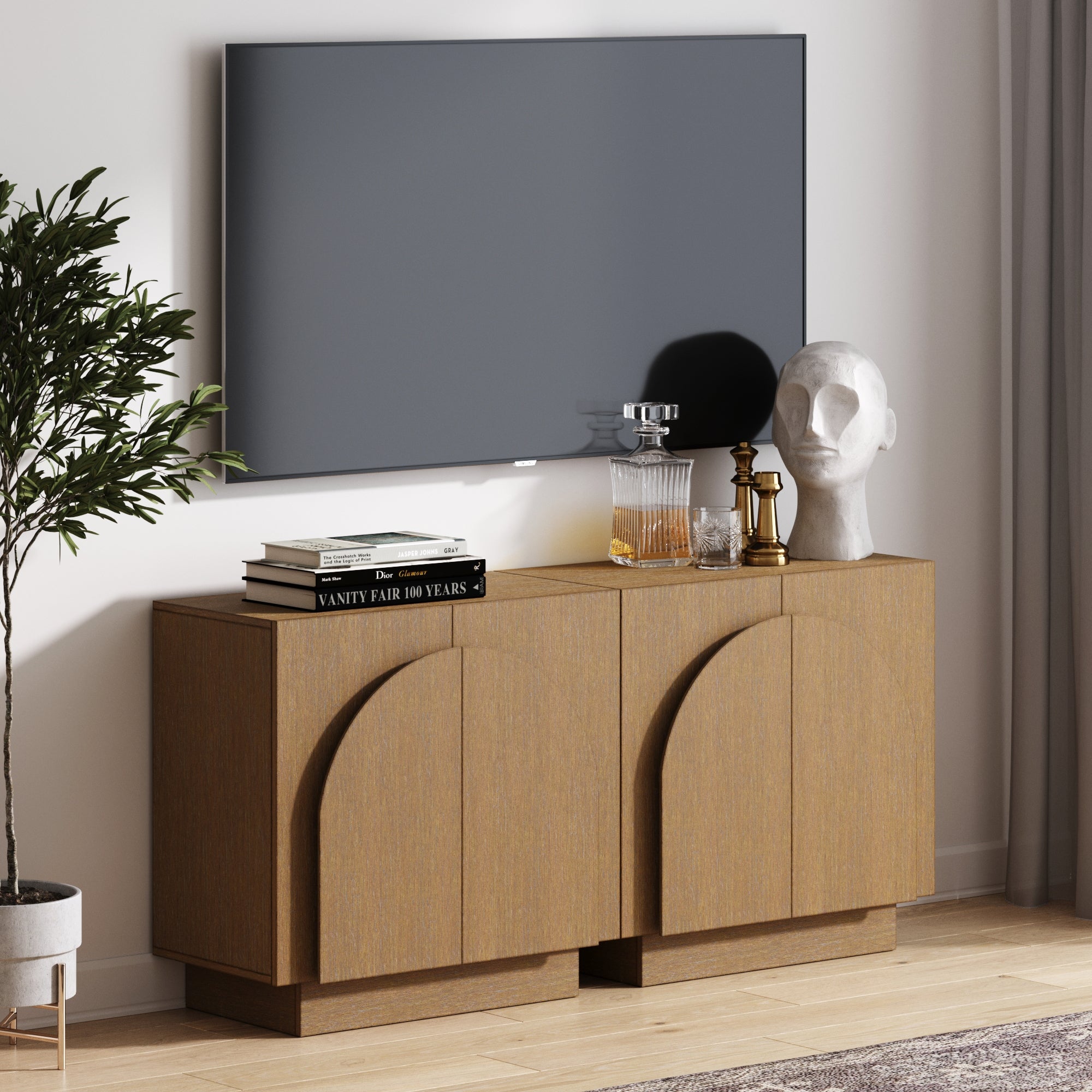 Wood Arched TV Console Credenza Brown (Set of 2)