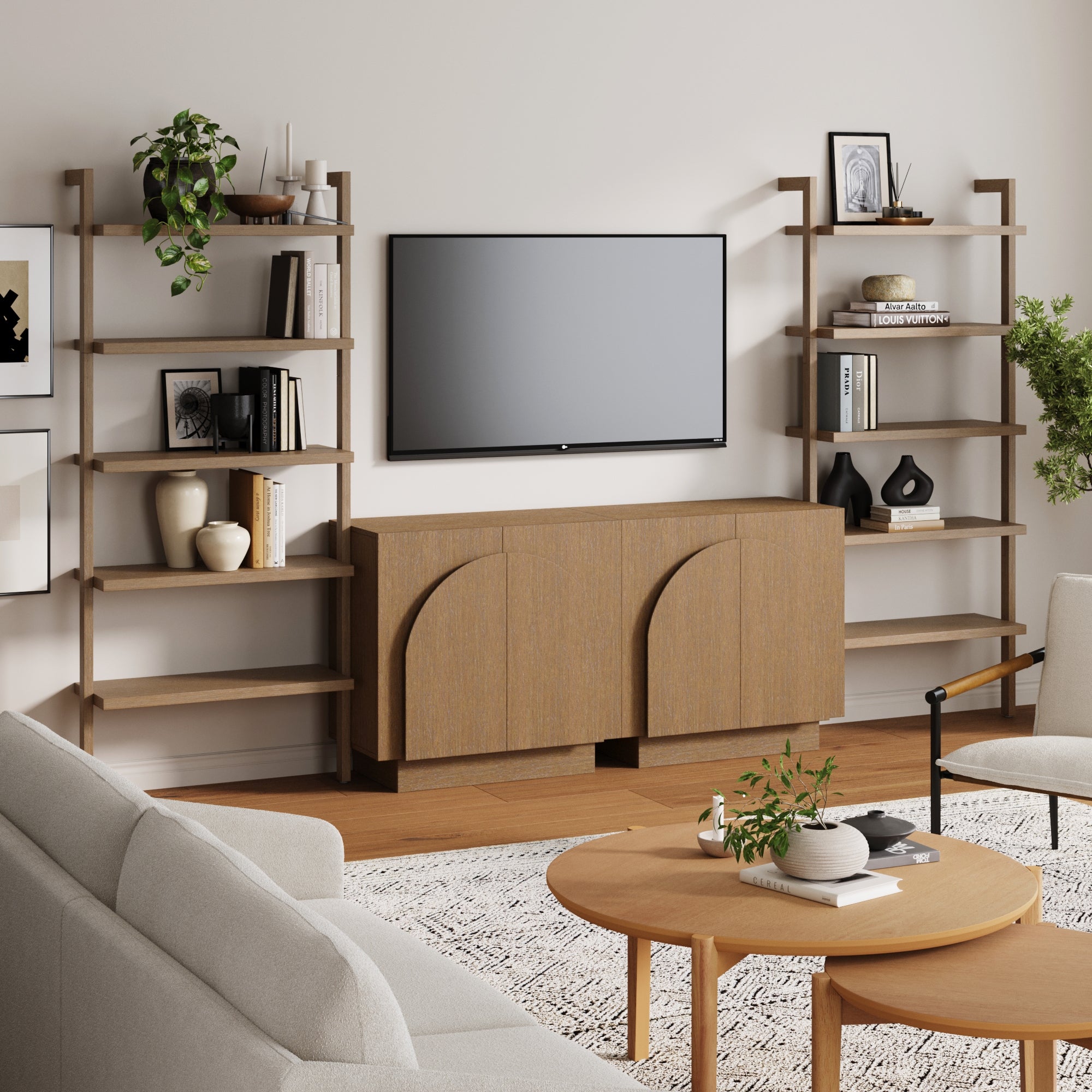 Mid-Century Arched Entertainment Center Light Brown (2 Cabinets)