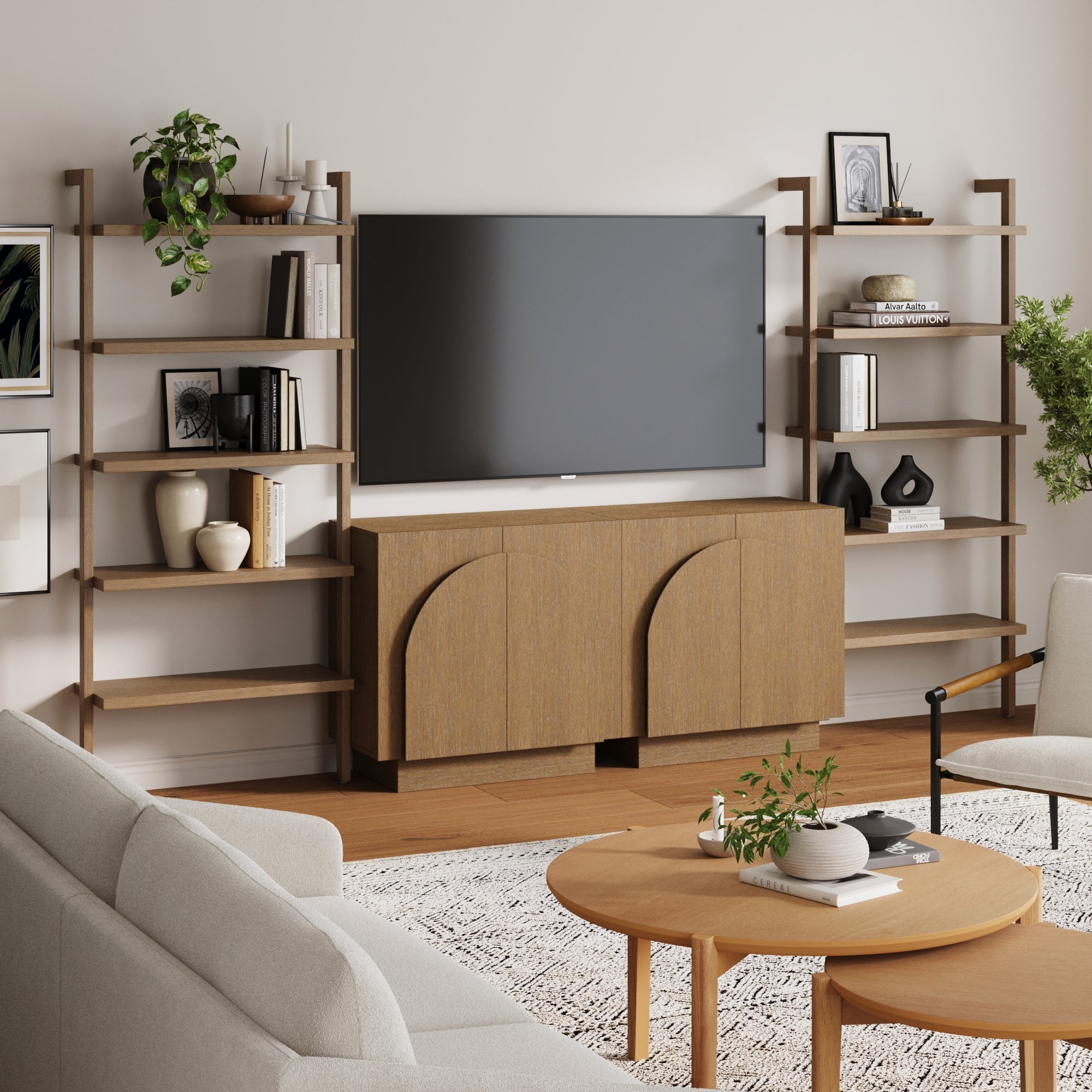 Mid-Century Arched Entertainment Center Light Brown (2 Cabinets)