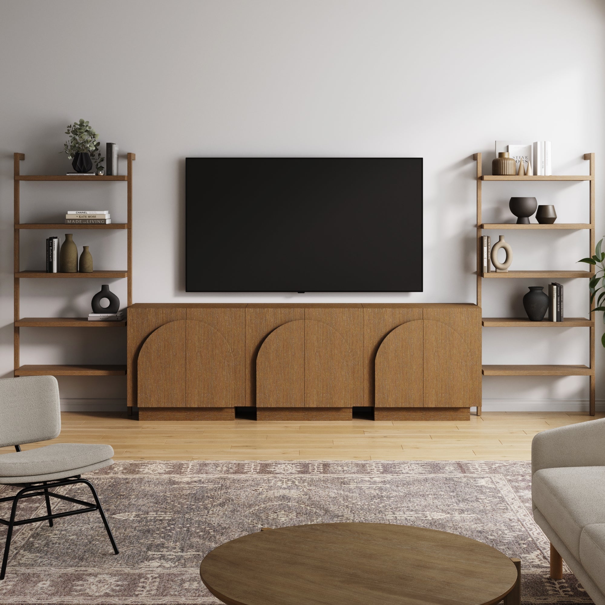 Mid-Century Arched Entertainment Center Light Brown (3 Cabinets)