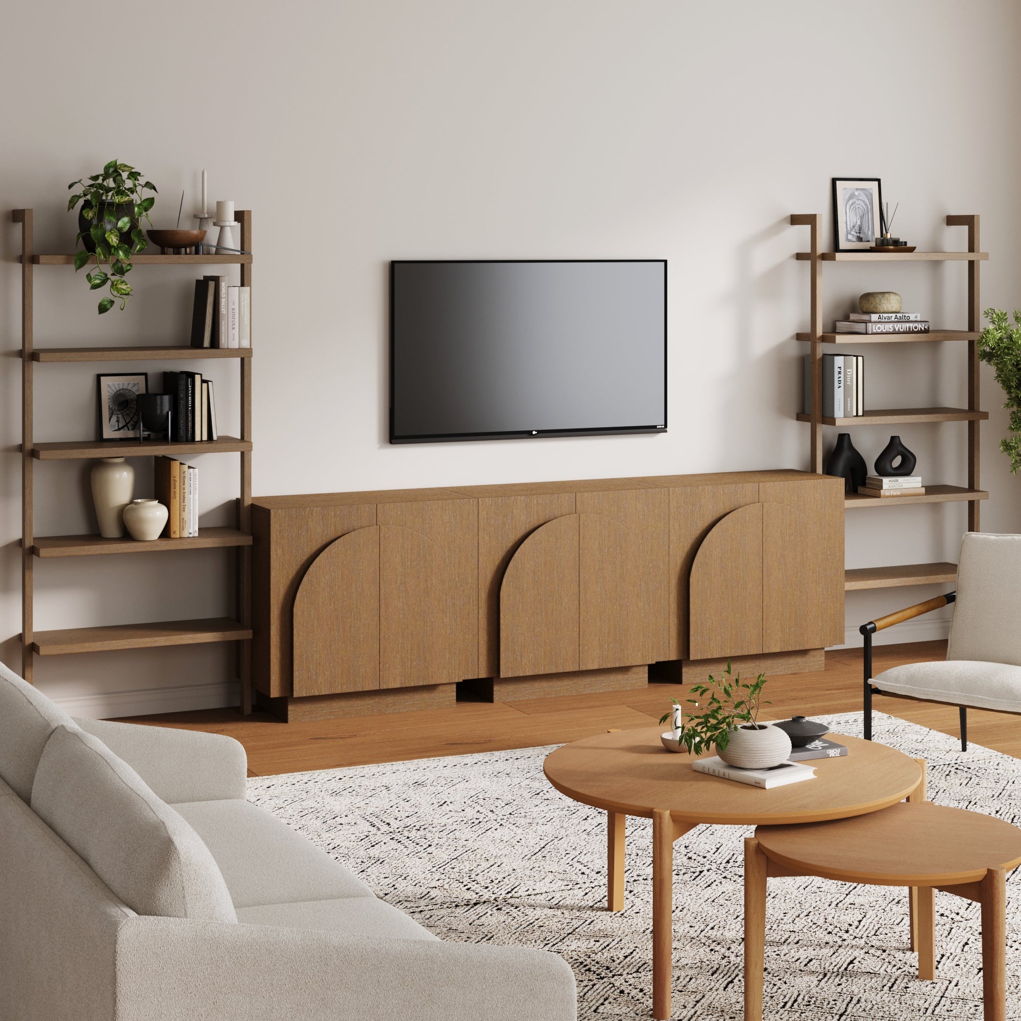 Mid-Century Arched Entertainment Center Light Brown (3 Cabinets)