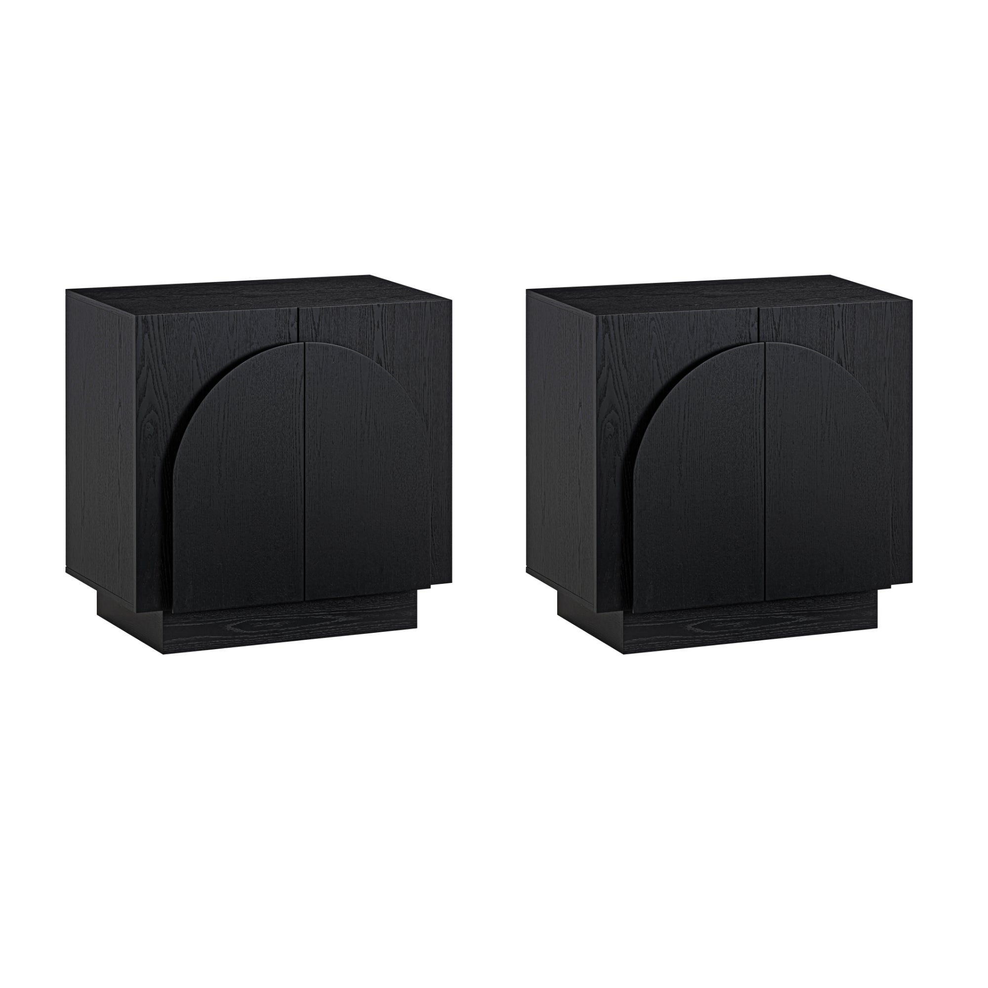 Pair of modern black nightstands with rectangular shapes and distinctive large semi-circular arch designs on the front doors, set against a white background.