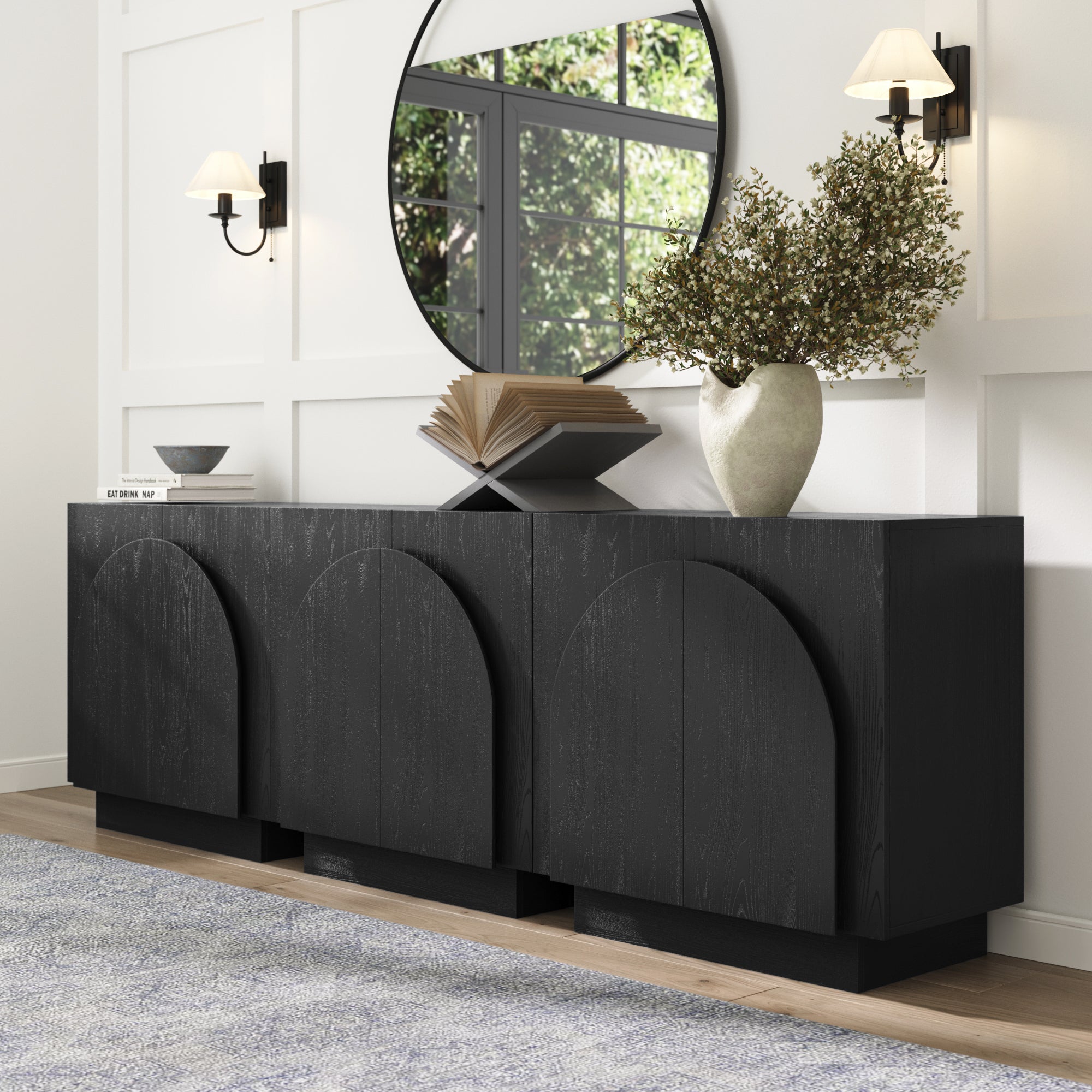 Arched Kitchen Cabinet Credenza Black (Set of 3)