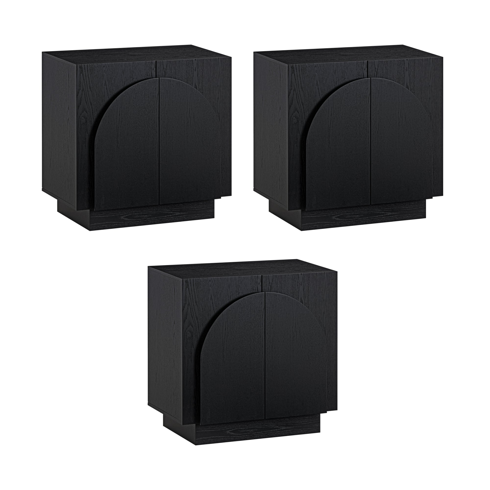 Three identical black wooden cabinets with rectangular shapes and distinct semi-circular arch designs on the front doors, arranged in a triangular formation against a white background.