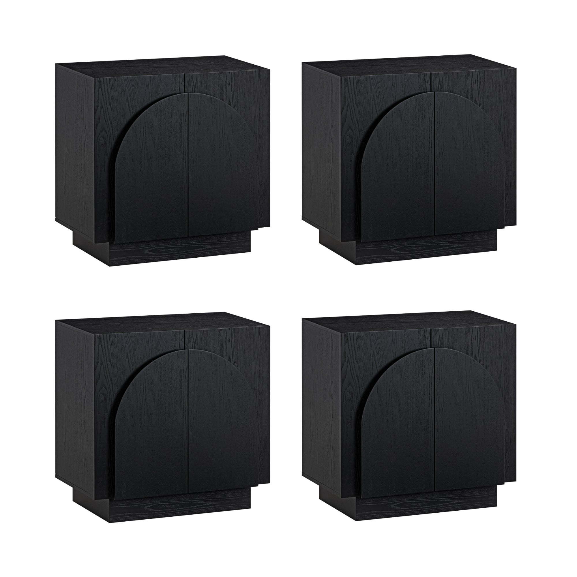 Four identical black wooden cabinets with double doors, each featuring a large semi-circular arch design on the front. The cabinets are shown on a white background in a 2x2 grid arrangement.