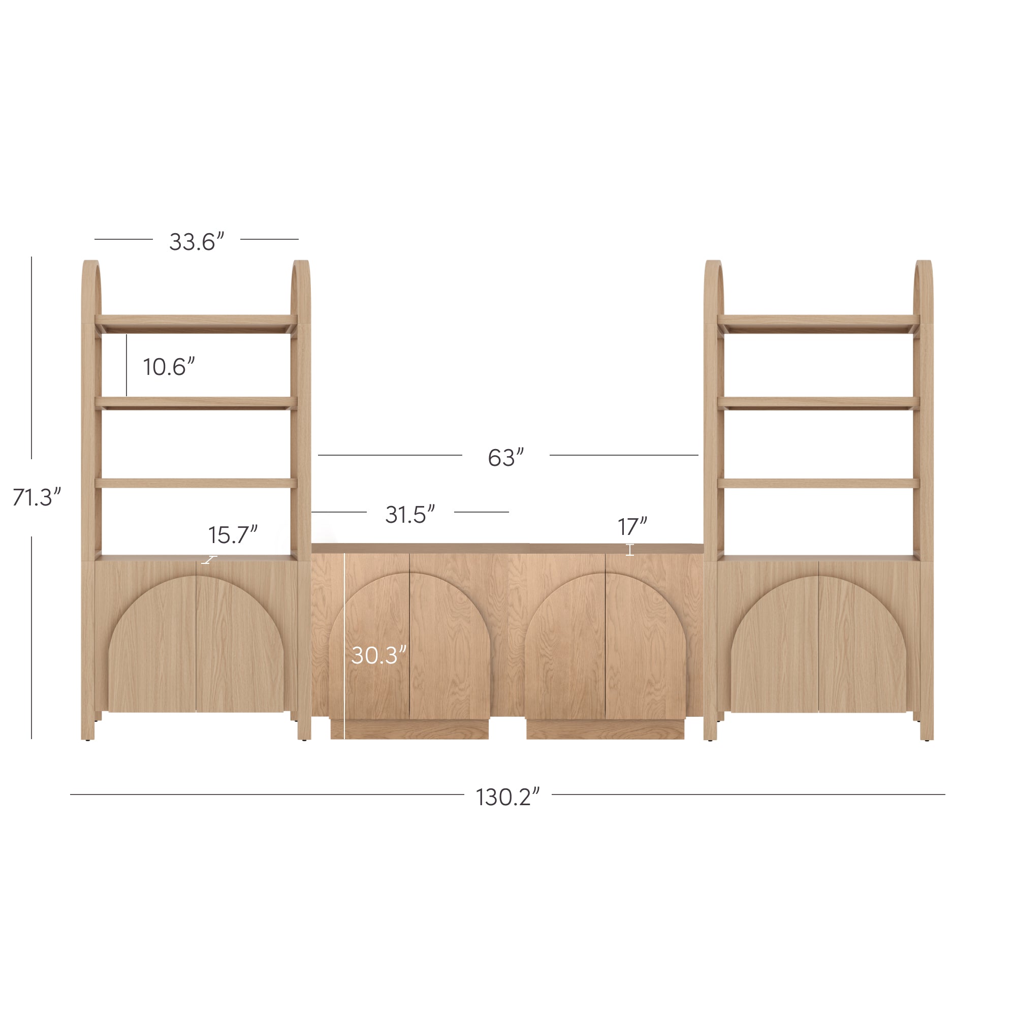 A wooden shelving unit with two tall bookcases on each side, a shorter center section with cabinets, and labeled dimensions for each part; overall width is 130.2 inches and height is 71.3 inches.