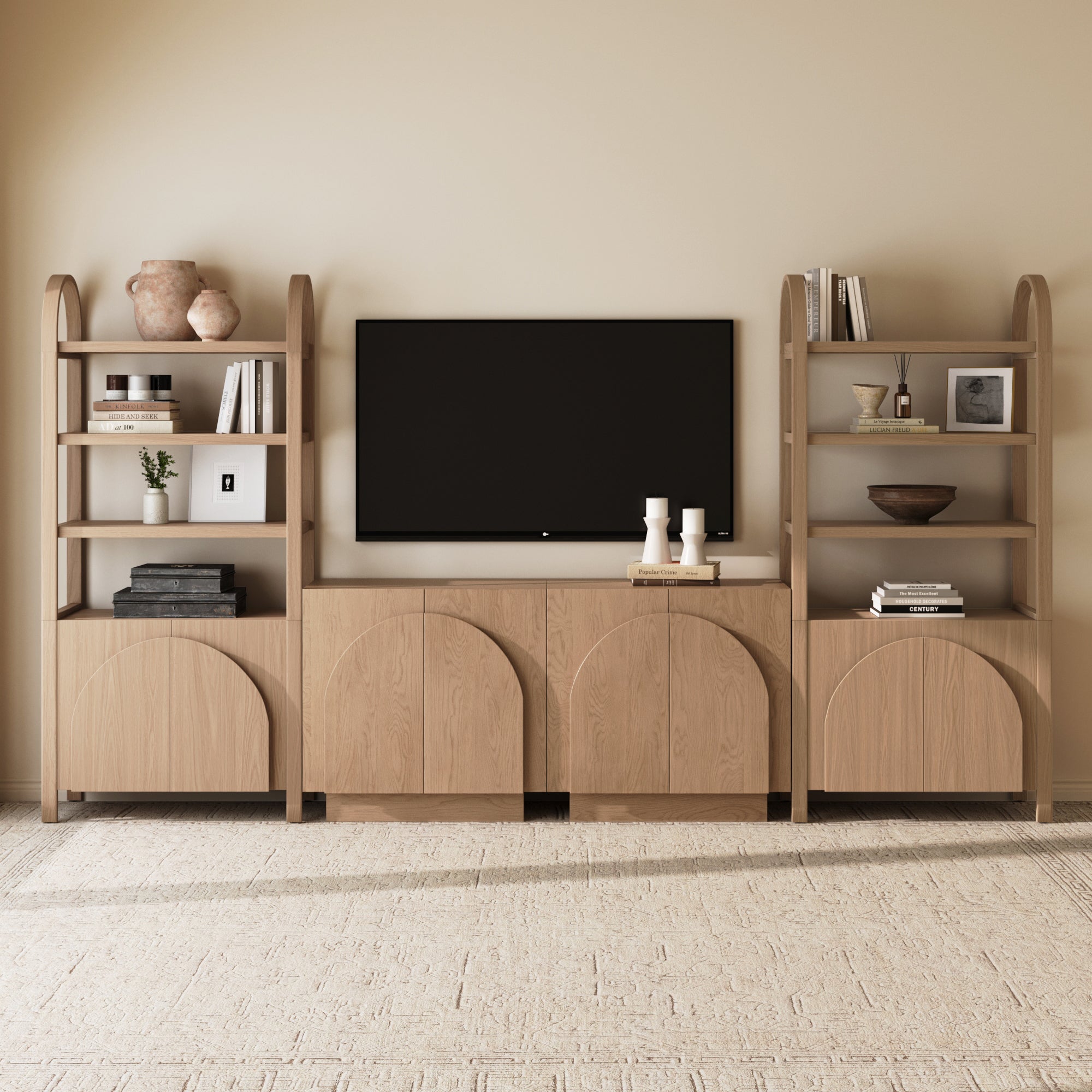 Mid-Century Modern Arched Wood Entertainment Center Oak (2 Cabinets)