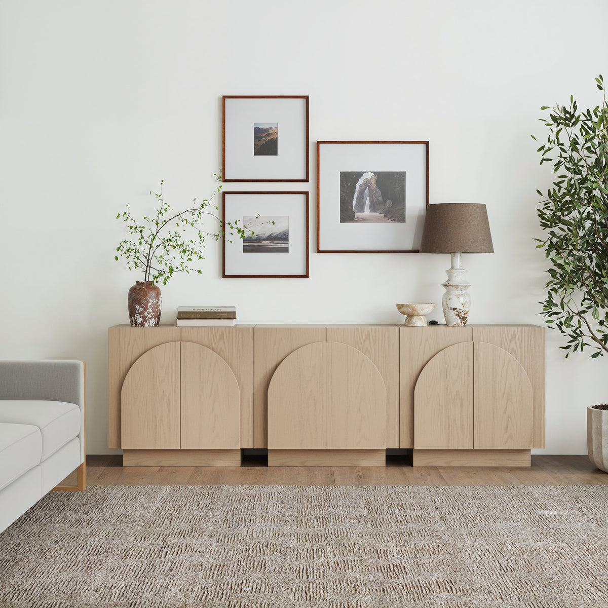 Wood Mid-Century Arched Storage Cabinet Credenza Gray Oak (Set of 3)