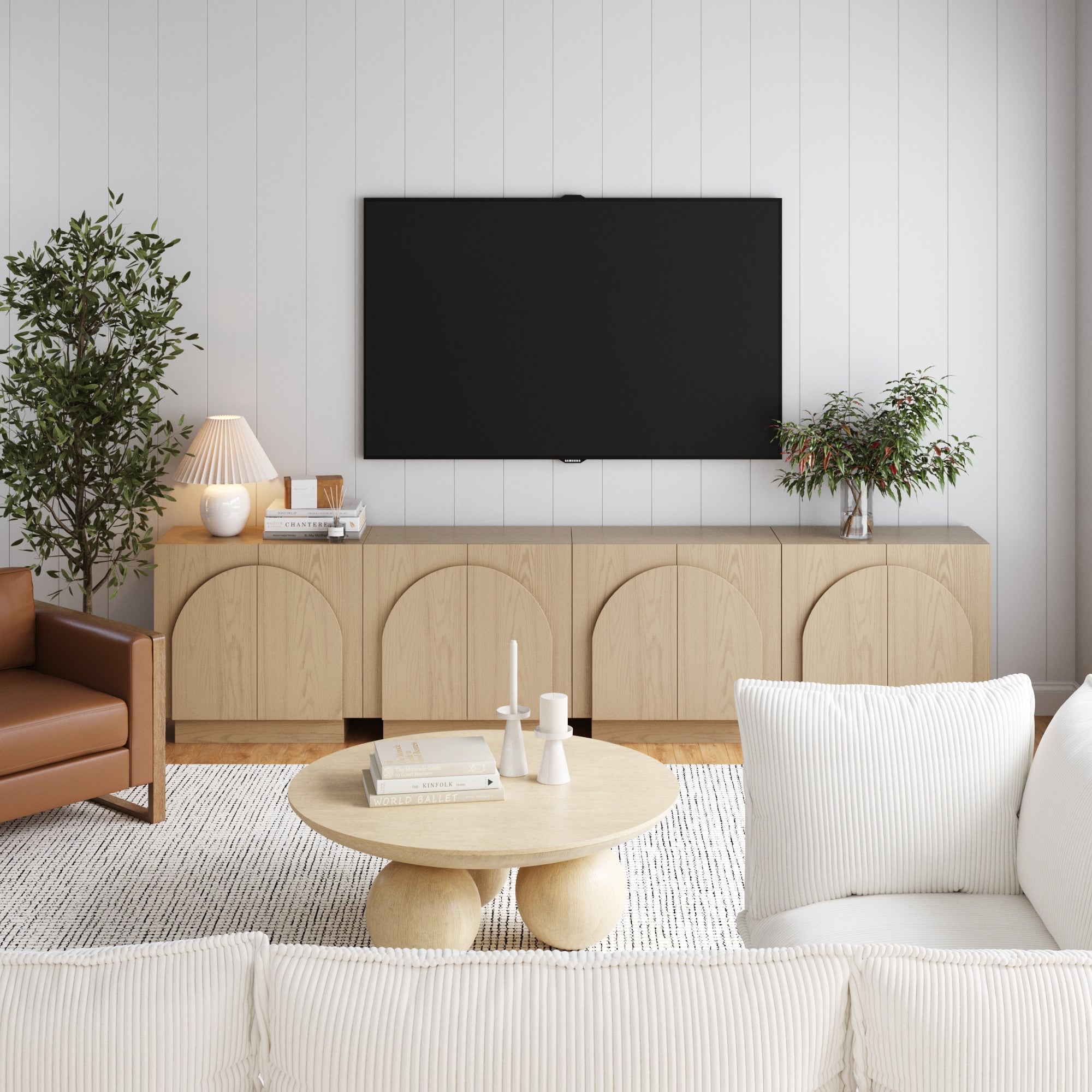 Wood Mid-Century Arched Credenza TV Console Gray Oak (Set of 4) - Thumbnail 2