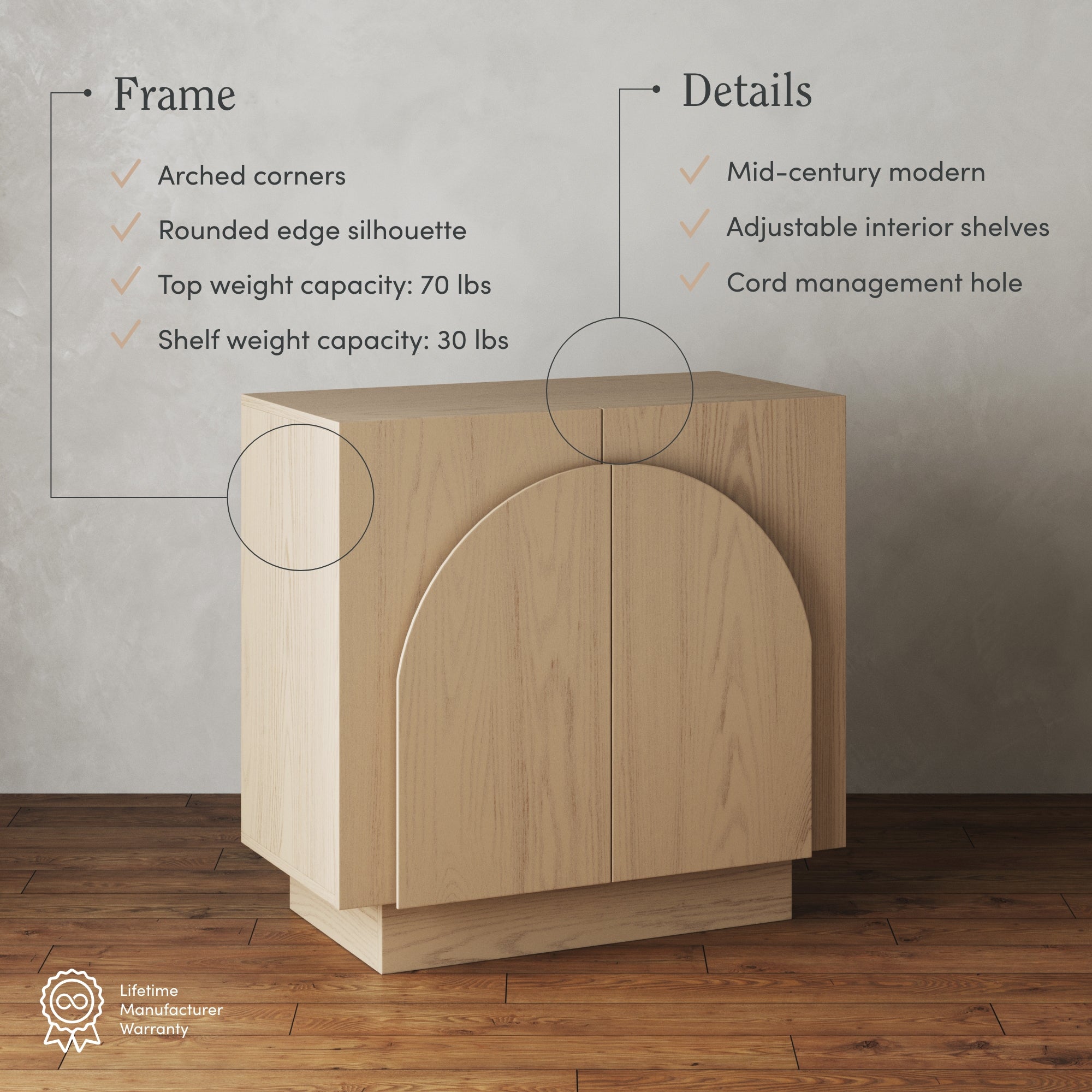 Wood Mid-Century Arched Storage Cabinet White Oak (Set of 3)