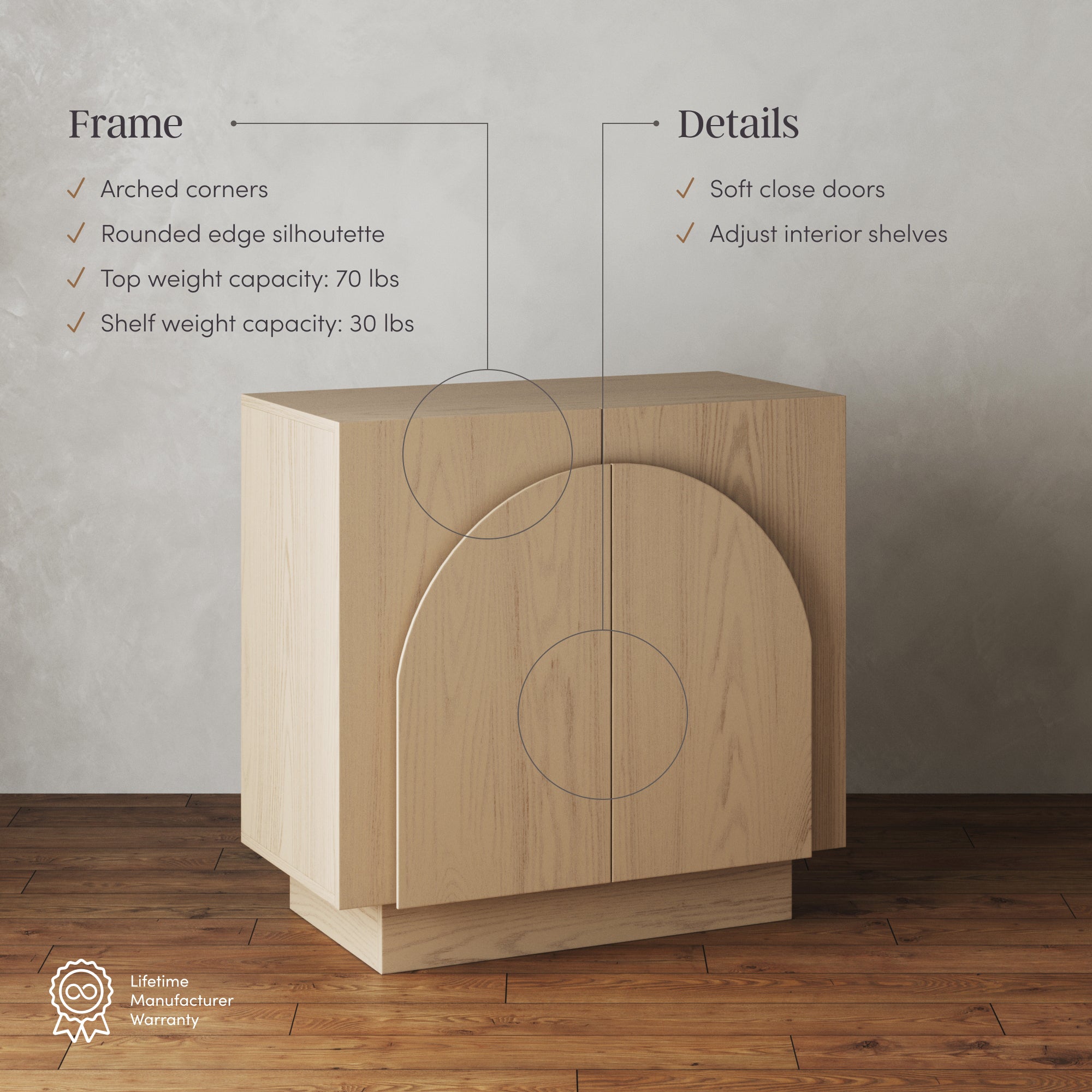 Wood Mid-Century Arched Credenza TV Console Gray Oak (Set of 4) - Thumbnail 4