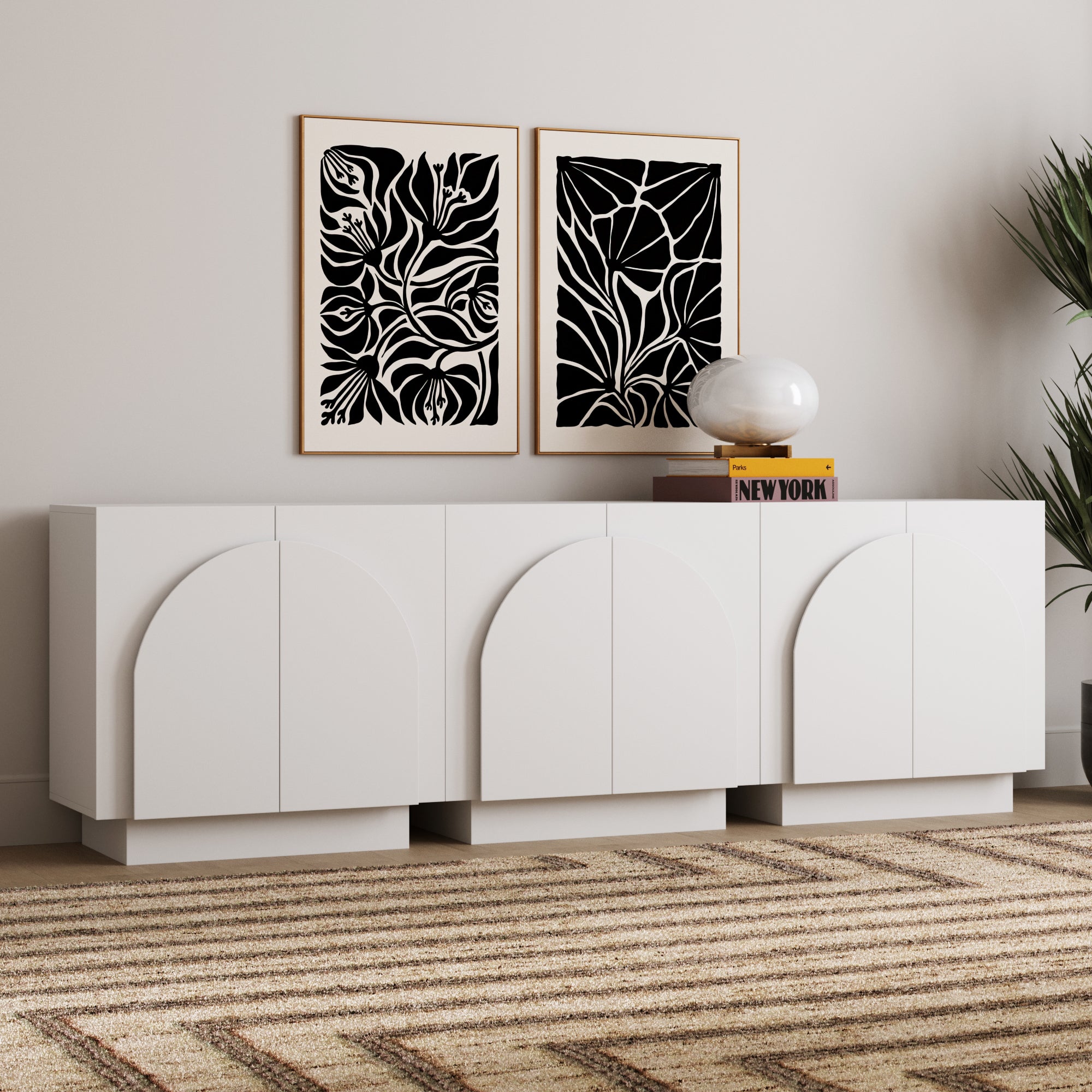 Wood Mid-Century Arched Cabinet Credenza White (3 Cabinets)