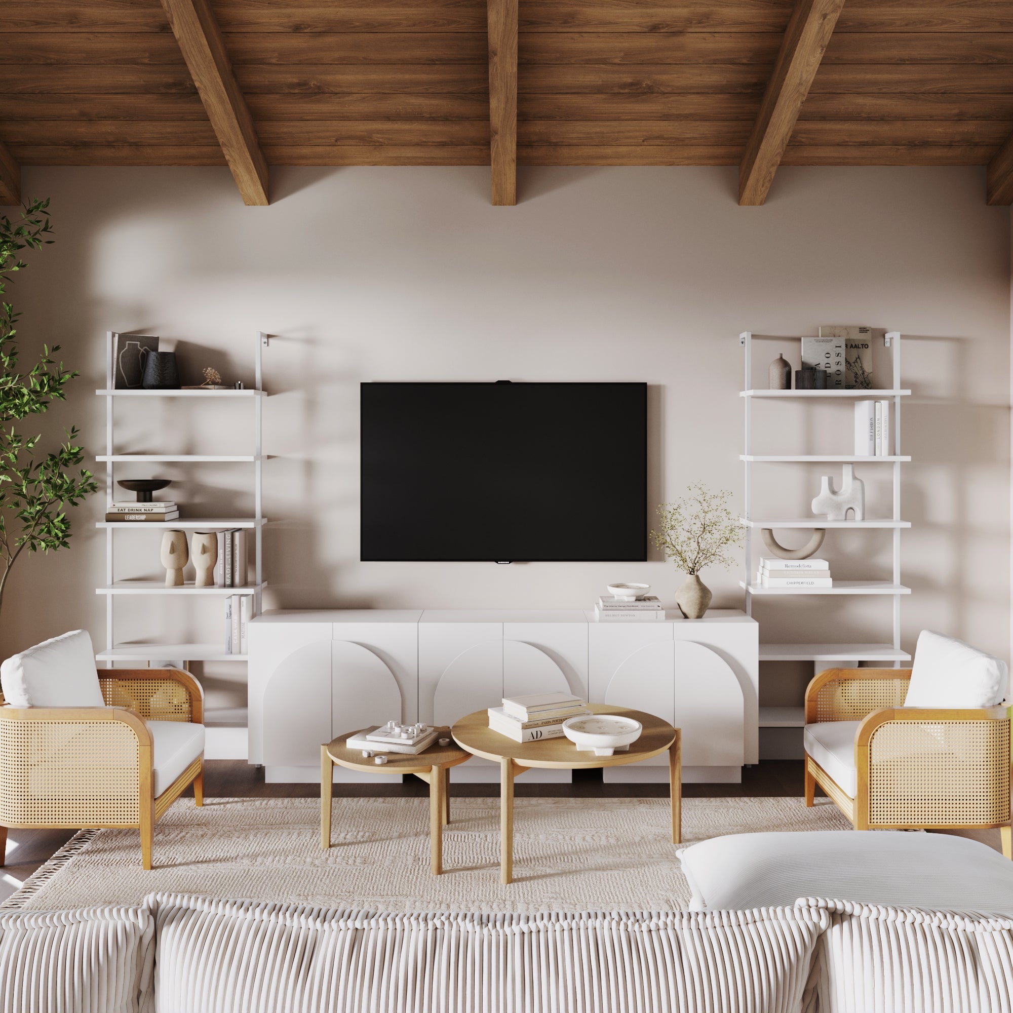 Wood Mid-Century Arched TV Console Credenza White (3 Cabinets) - Thumbnail 3