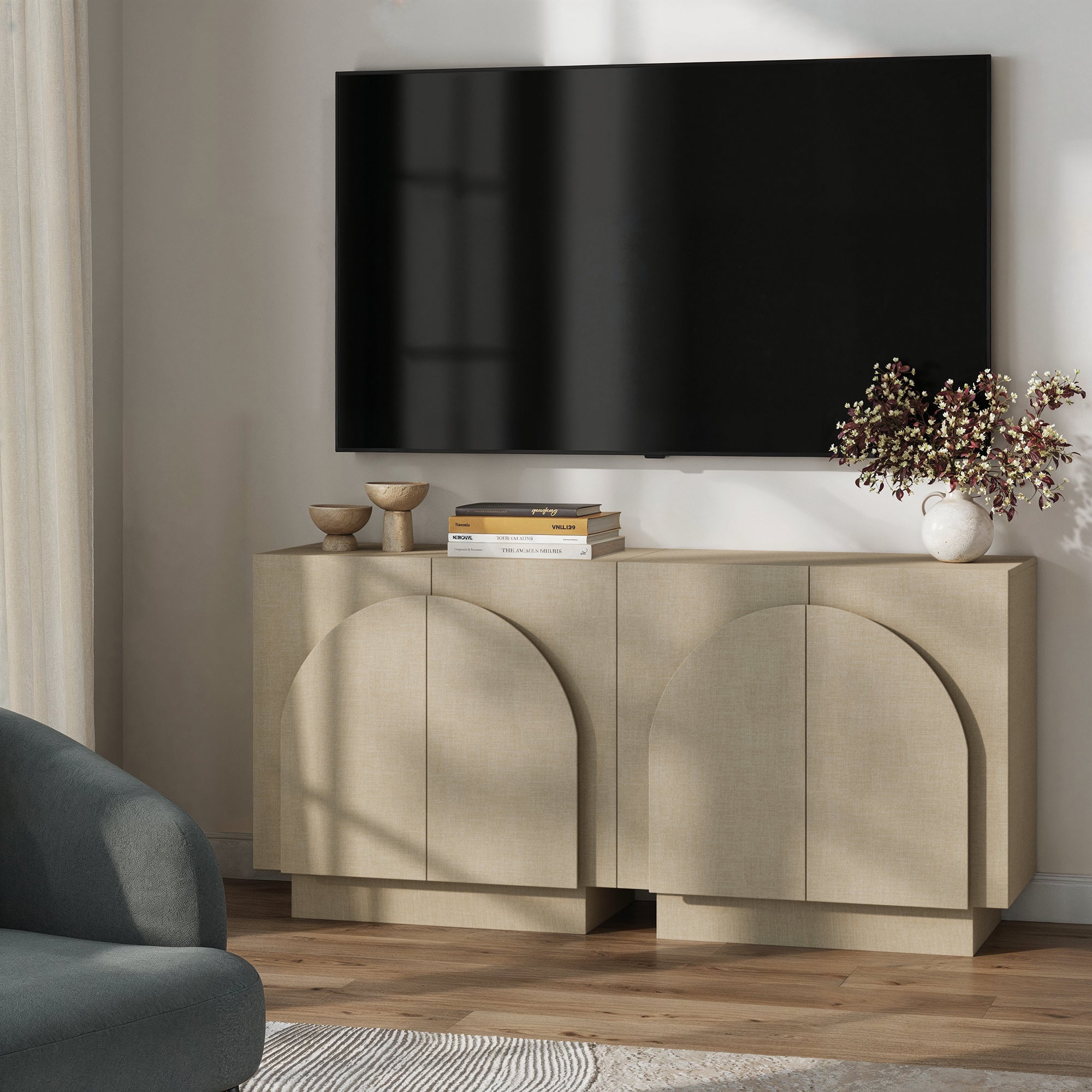 Arched Fabric Wrapped Storage Cabinet or TV Stand Beige (Set of 3) - Thumbnail 4