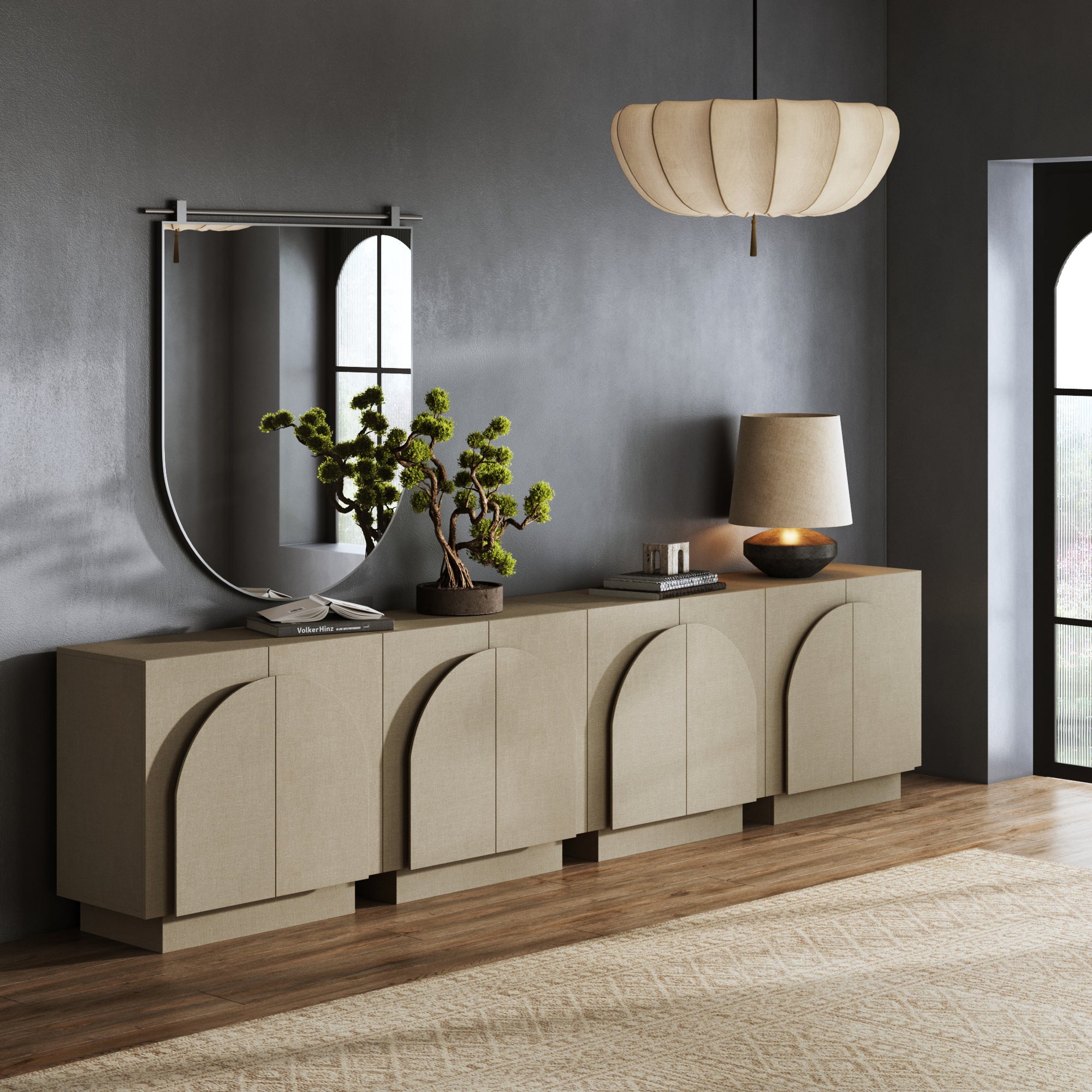 Arched Fabric Wrapped Storage Credenza with Doors Beige - Thumbnail 2