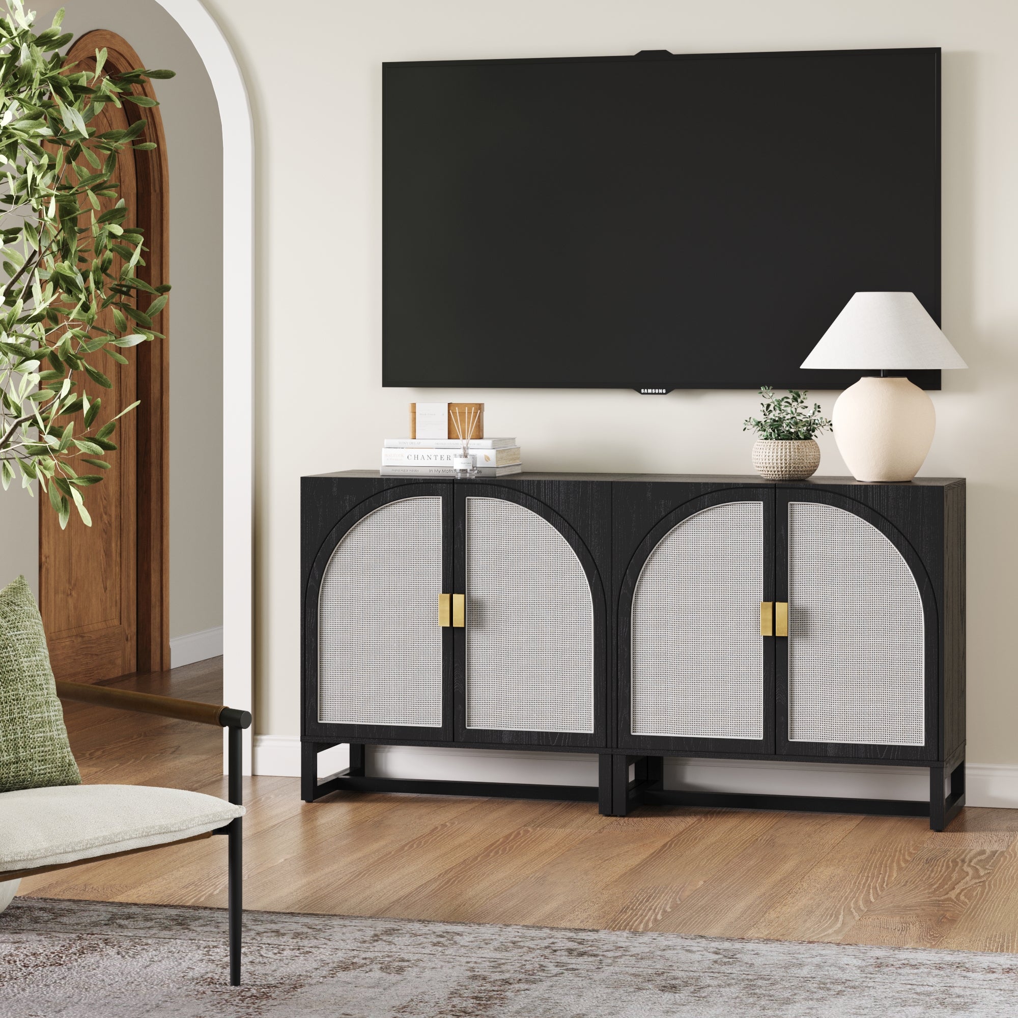 Rattan Arched TV Console Credenza Black (Set of 2)