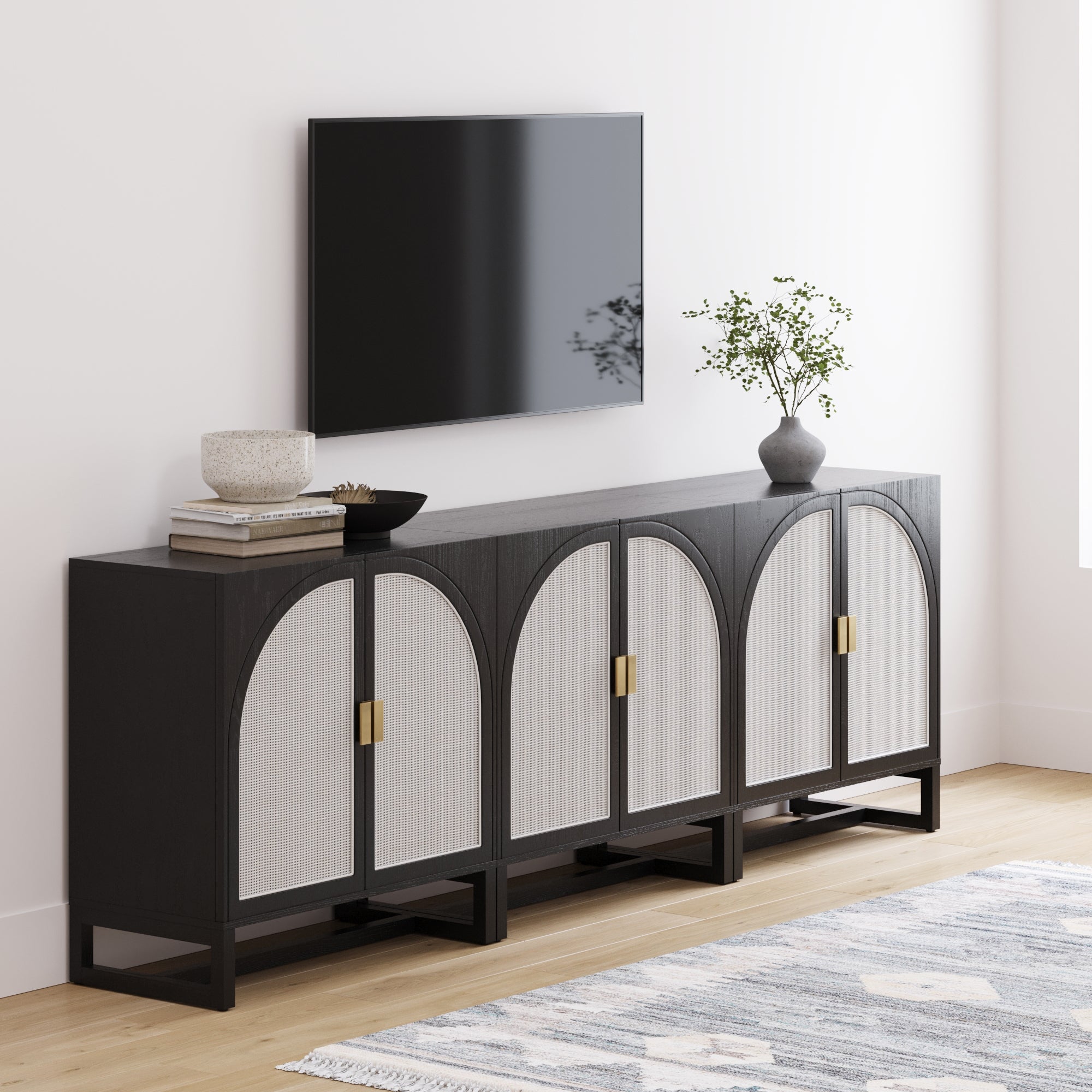 Rattan Arched TV Console Credenza Black (Set of 3)