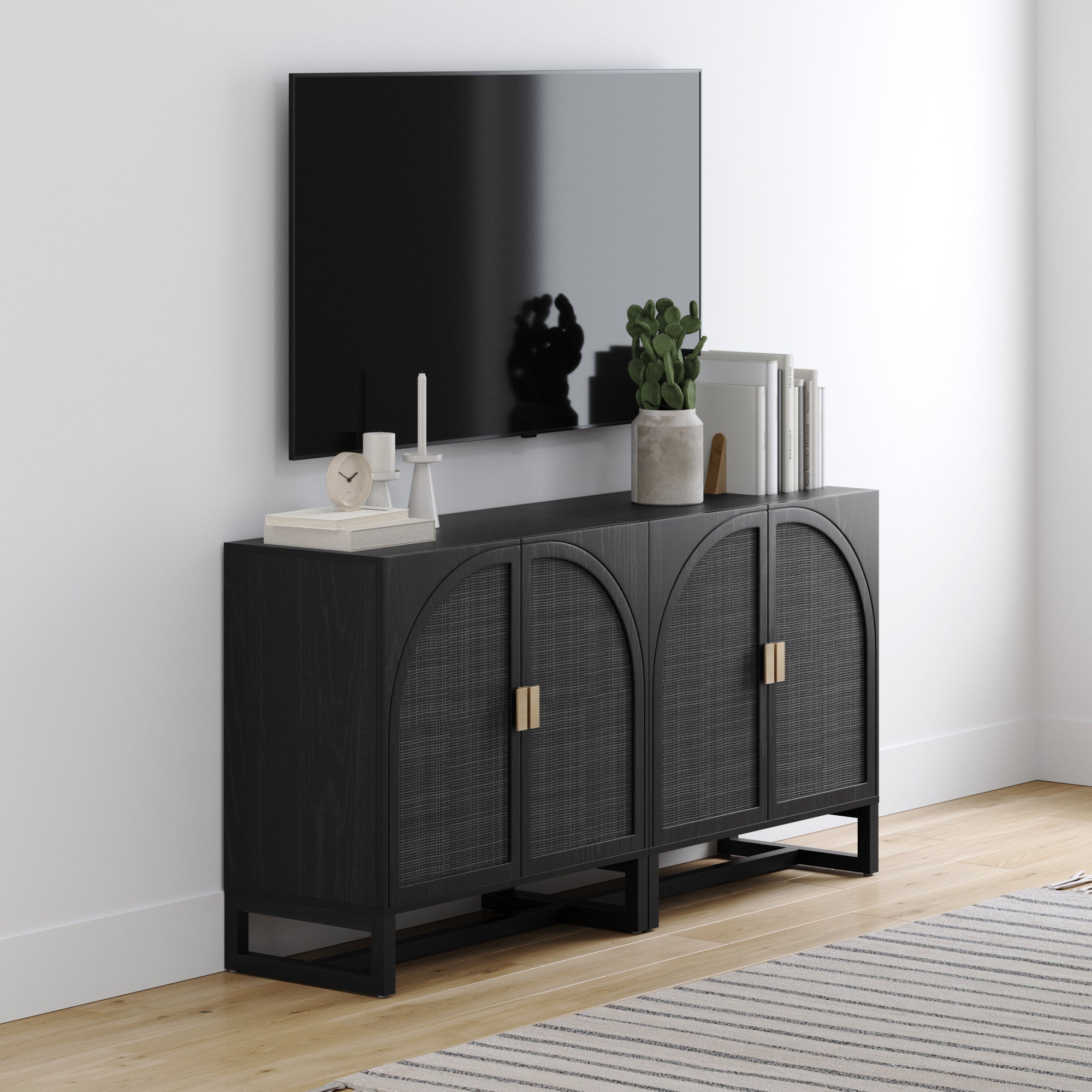 Arched Wooden TV Console Credenza Black Rattan (Set of 2)