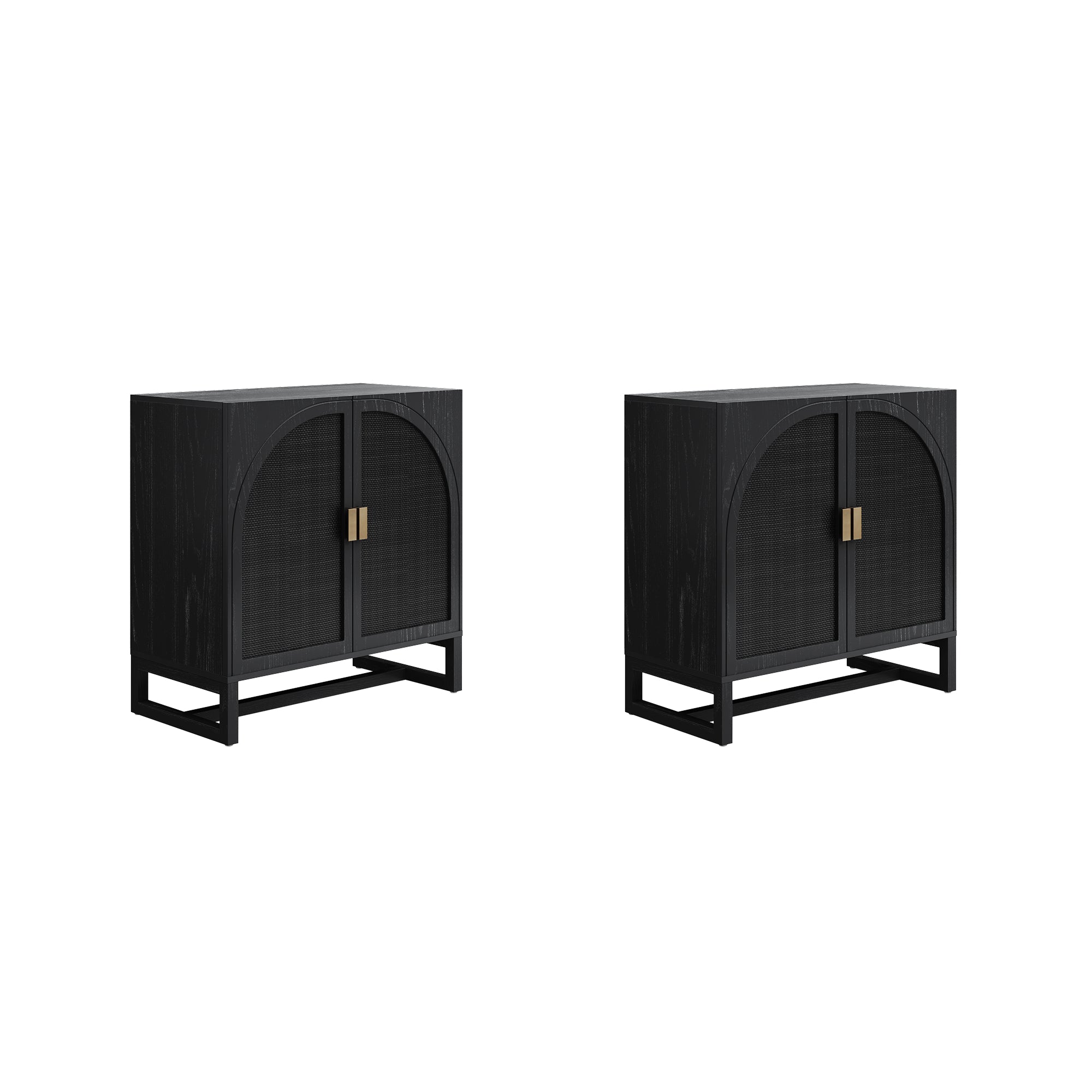Arched Wooden TV Console Credenza Black Rattan (Set of 4) - Thumbnail 3