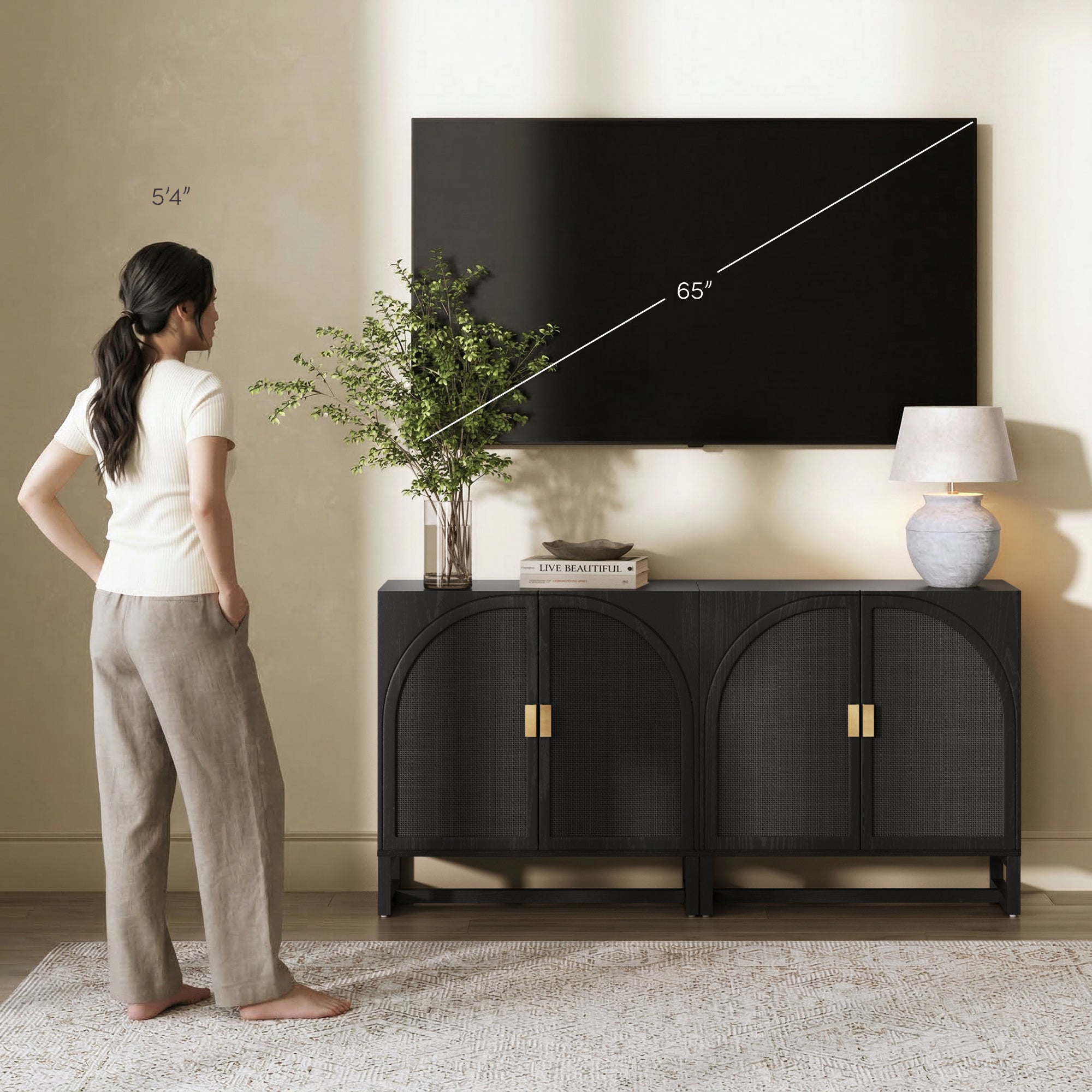 Paxton Credenza Arched Wood Black Rattan Set of 2 | Nathan James