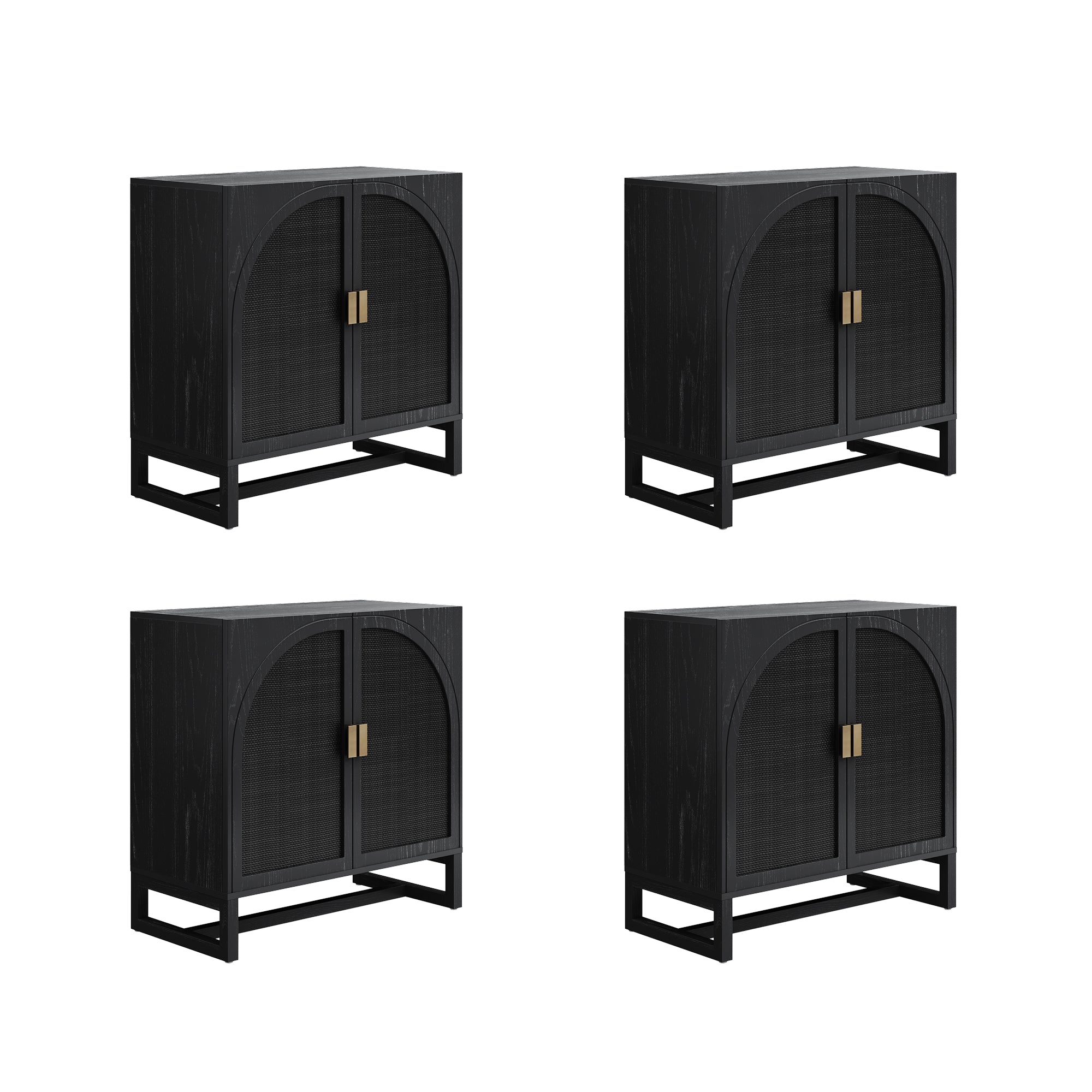 Arched Wooden TV Console Credenza Black Rattan (Set of 4)