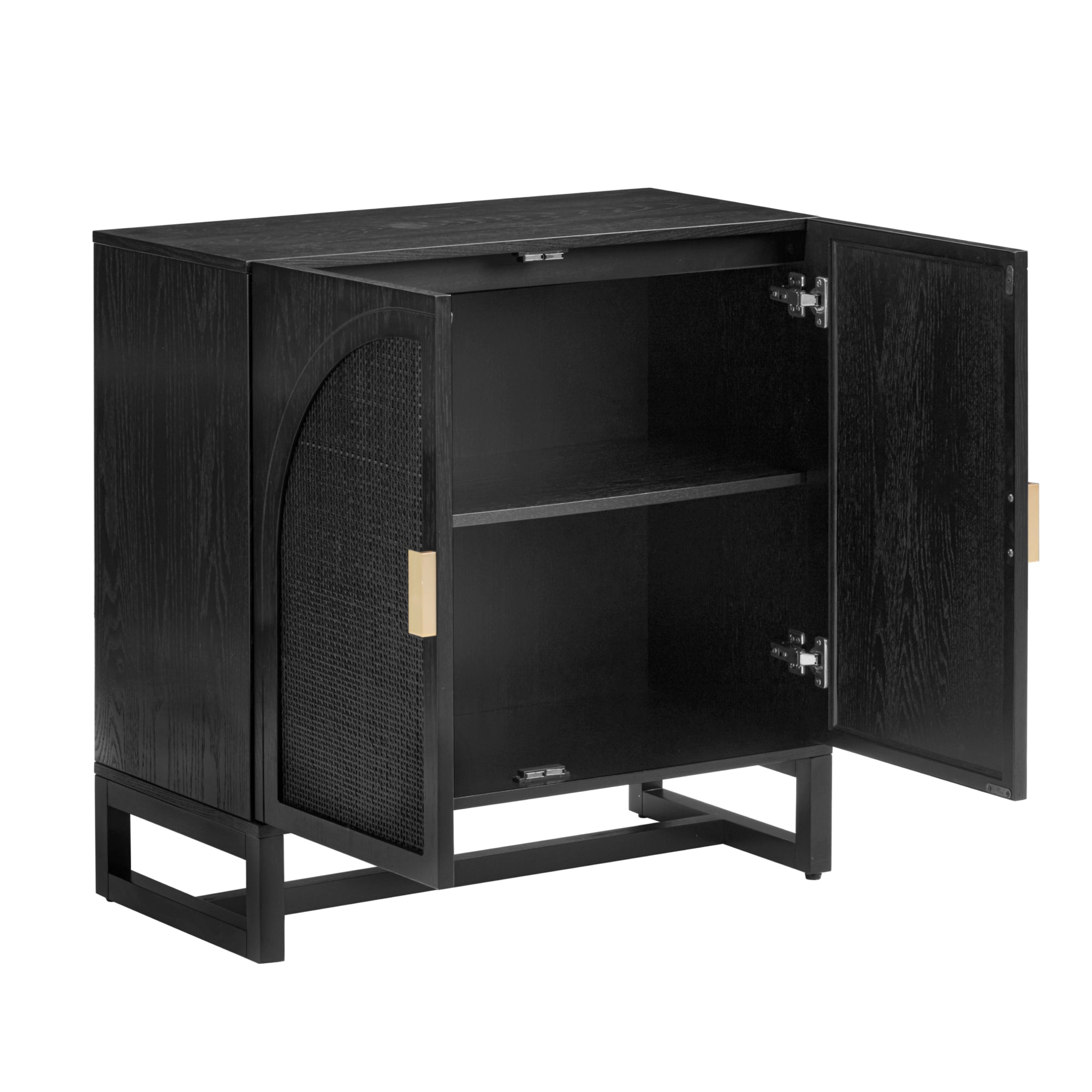 A modern black wooden cabinet with two open doors, revealing an interior shelf. The cabinet has gold rectangular handles and mesh detailing on the door fronts.