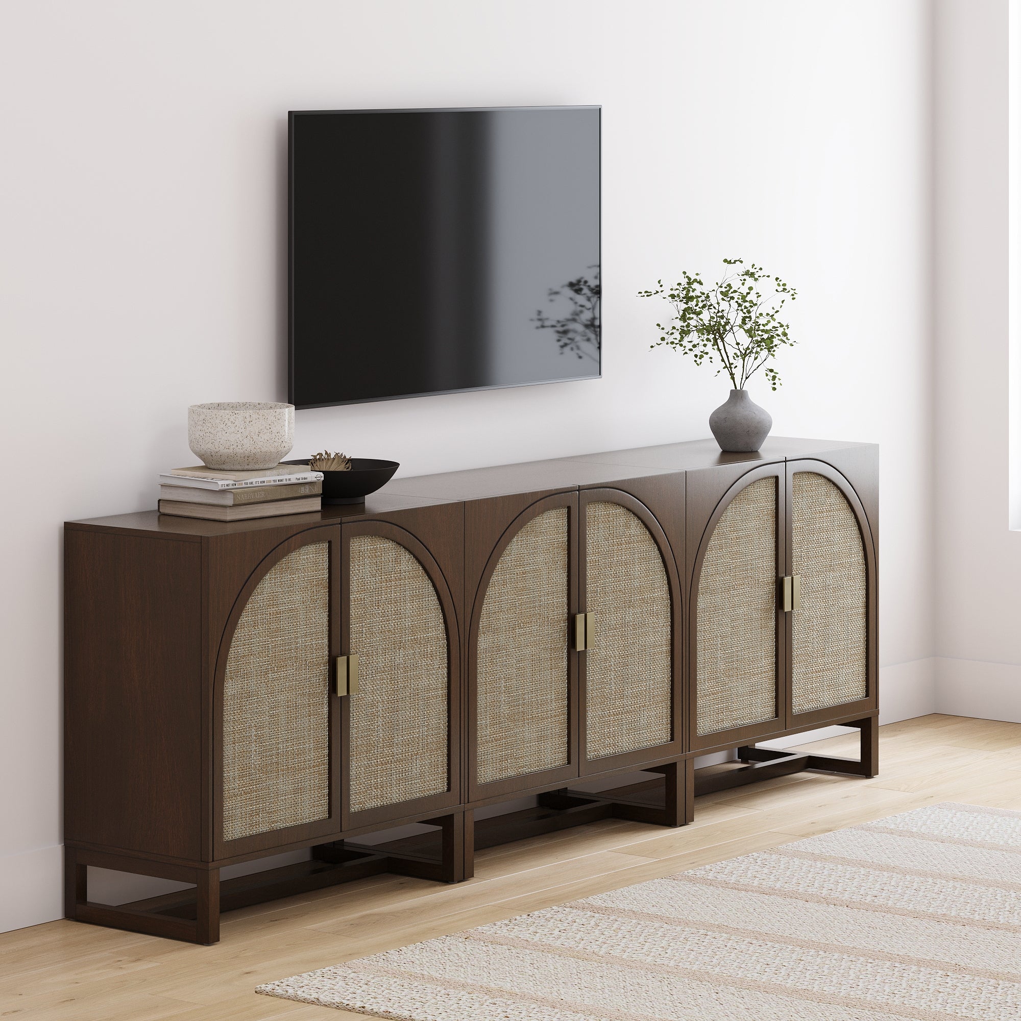 Boho Arched TV Console Credenza Brown (Set of 3)