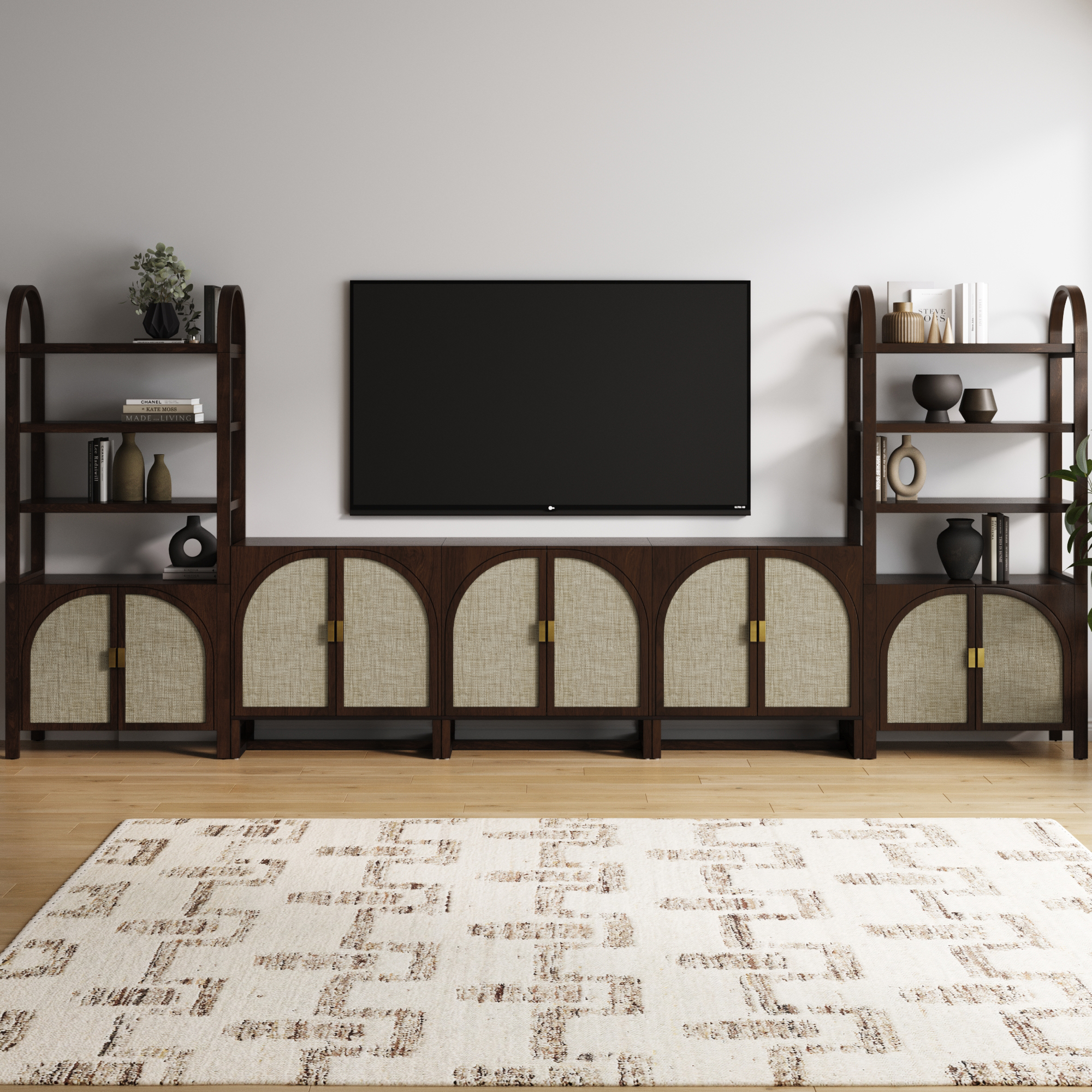 Arched Bookshelf Entertainment Center for 75" TV Dark Acacia