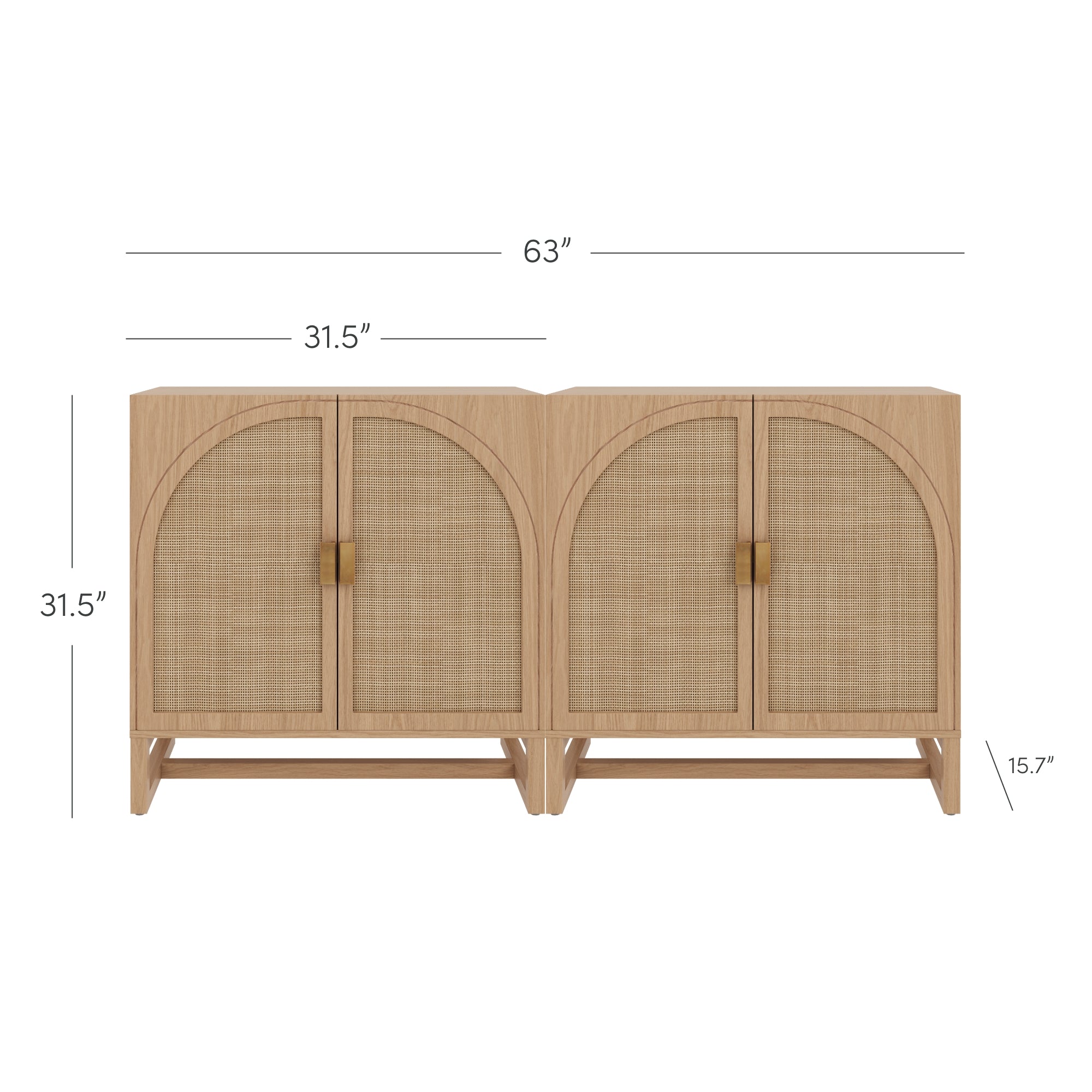 A light wood cabinet with two sections, each with arched double doors featuring cane panels and brass handles. The cabinet measures 63 wide, 31.5 tall, and 15.7 deep.
