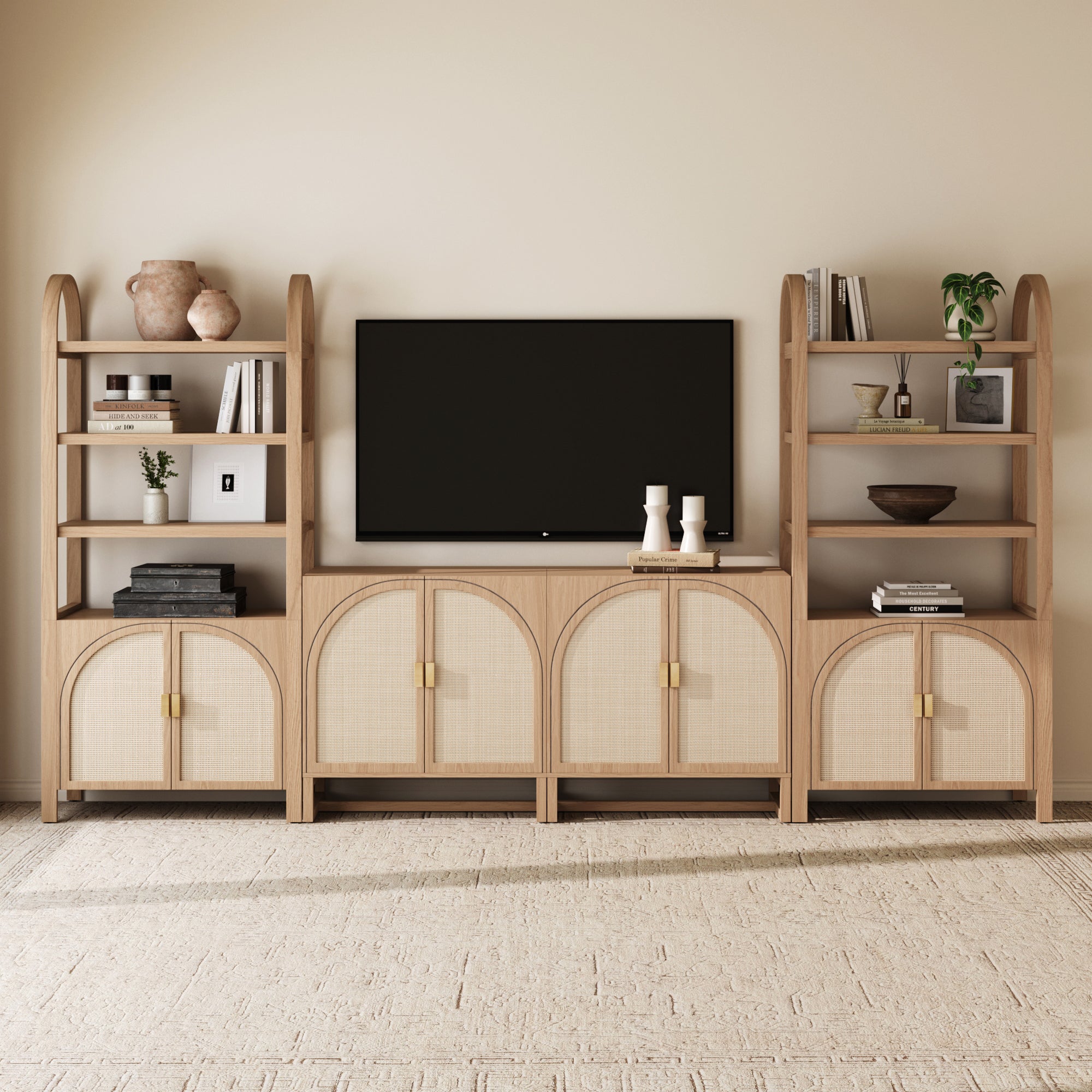 Arched Rattan Entertainment Center Wall Unit with Bookshelves (65" TV) - Nathan James